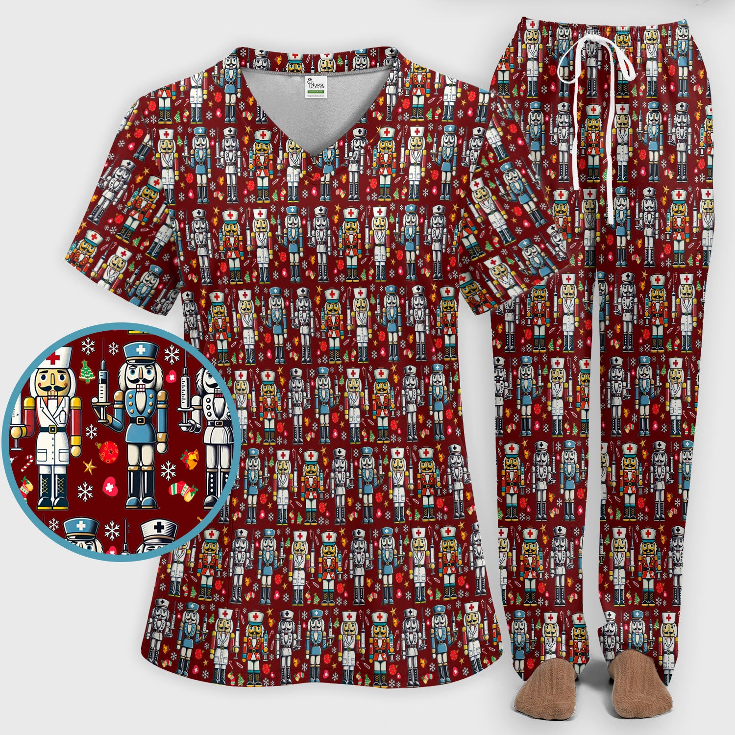 Funny Nutcracker Christmas Scrub Set – Cute Holiday Nurse Pattern Shirt – Festive Medical Uniform for RN, LPN, CNA, and Healthcare Workers