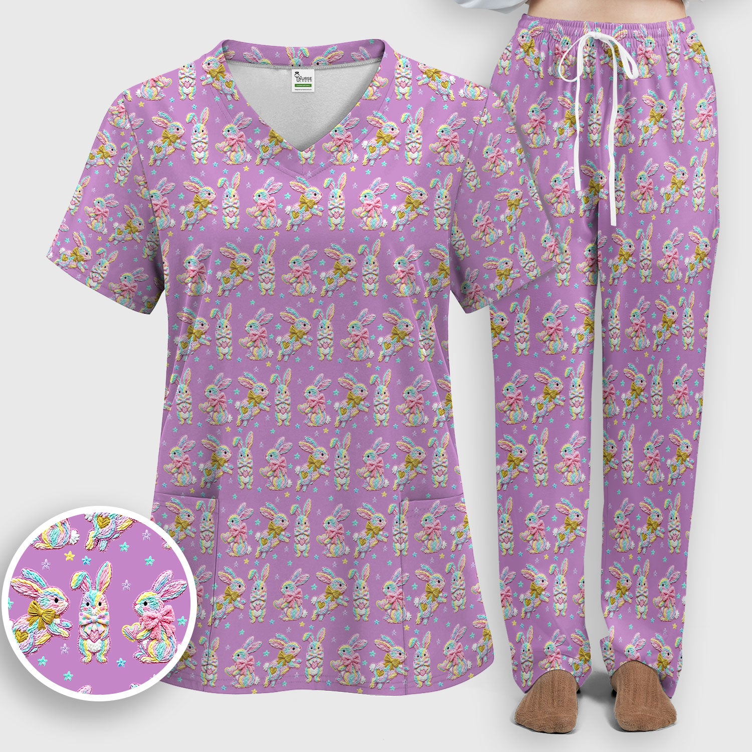 Cartoon Bunny All Over Print Set, Scrub Pants and V Neck Top