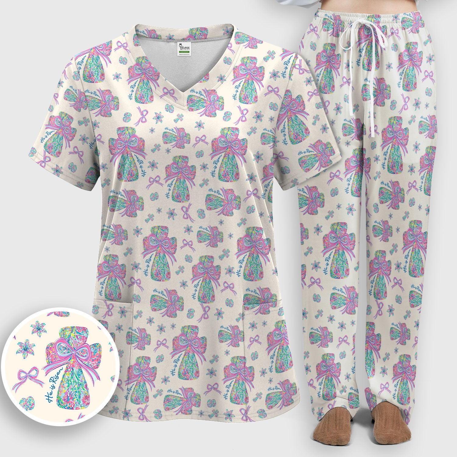 Colorful Bow Pattern Women's Scrub Sets, Breathable Med Uniform