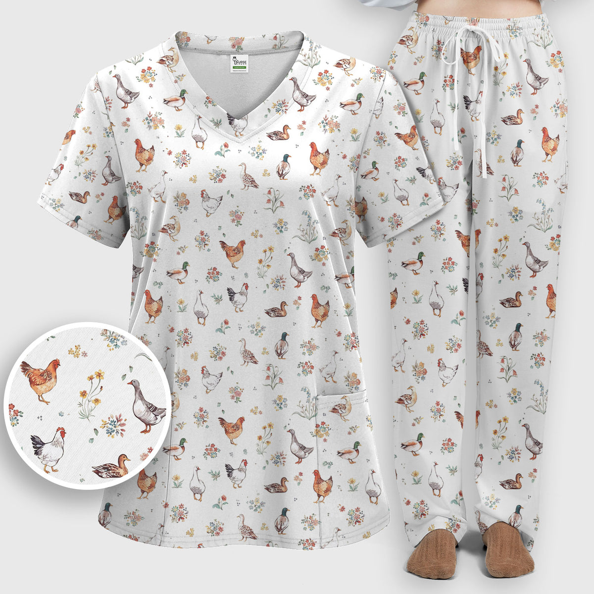 Farm Chicken Duck Floral Pattern Scrubs Sets, Scrub Pants and V Neck Top