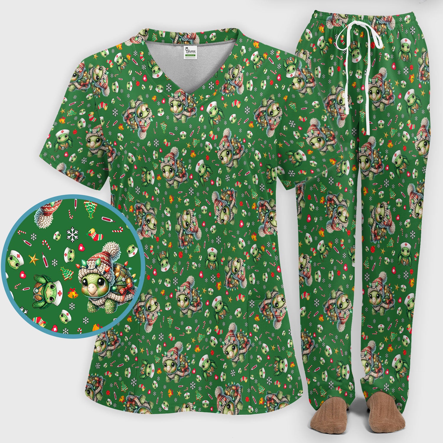 Christmas Turtle Scrub Set - Cute Funny Nurse Pants and V Neck Top - Holiday Medical Uniform for Women