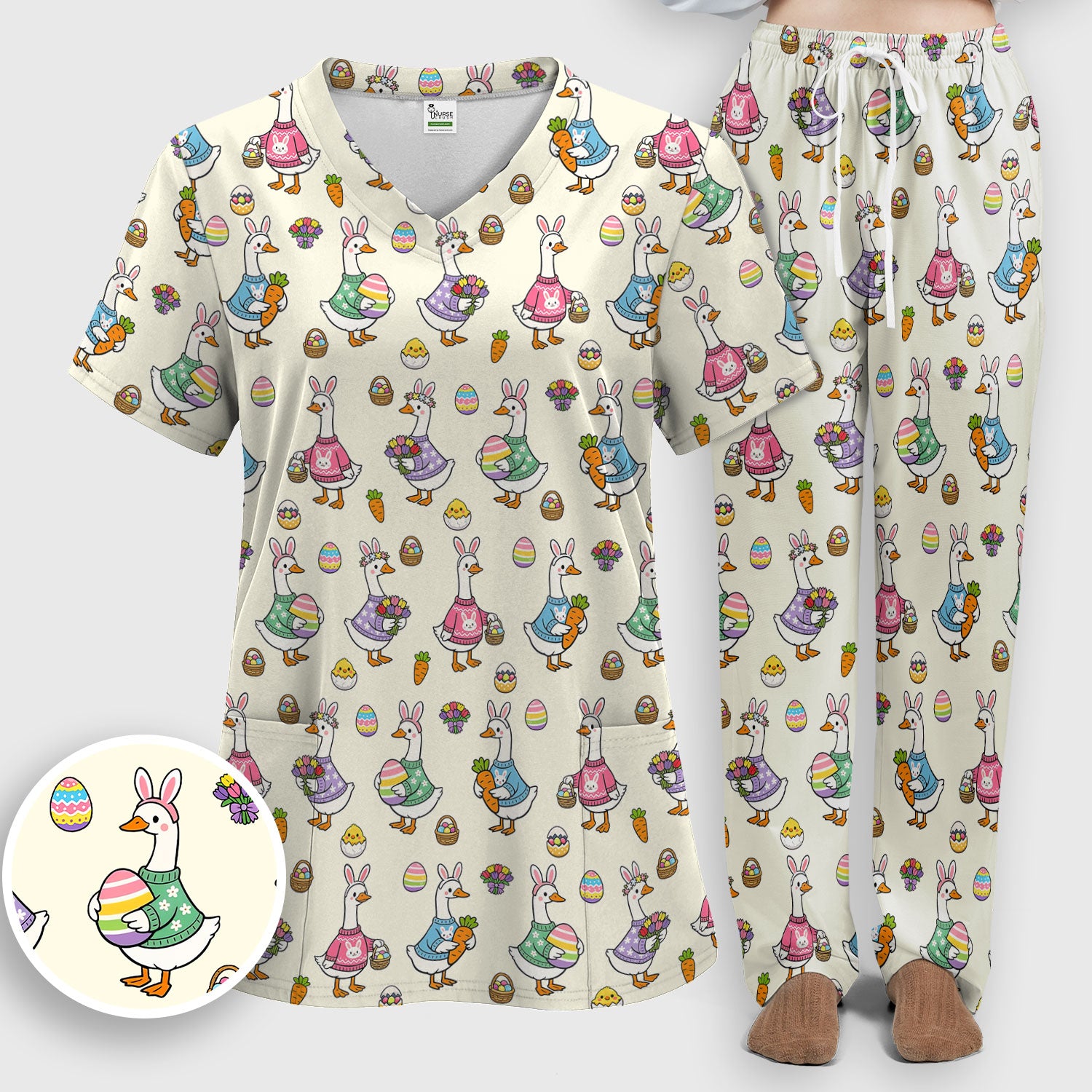 Cute Easter Goose Print Scrub Set, Breathable Med Uniform