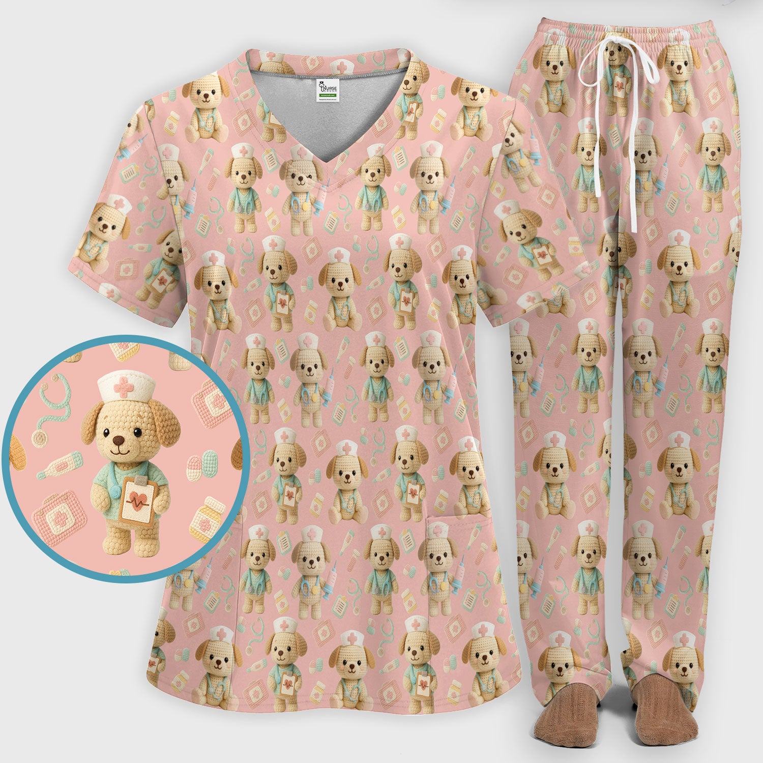 Cute Labrador Scrub Set for Nurse - Pastel Crochet Dog Scrubs Pants and V Neck Top - Adorable Puppy Med Uniform Gift for Women