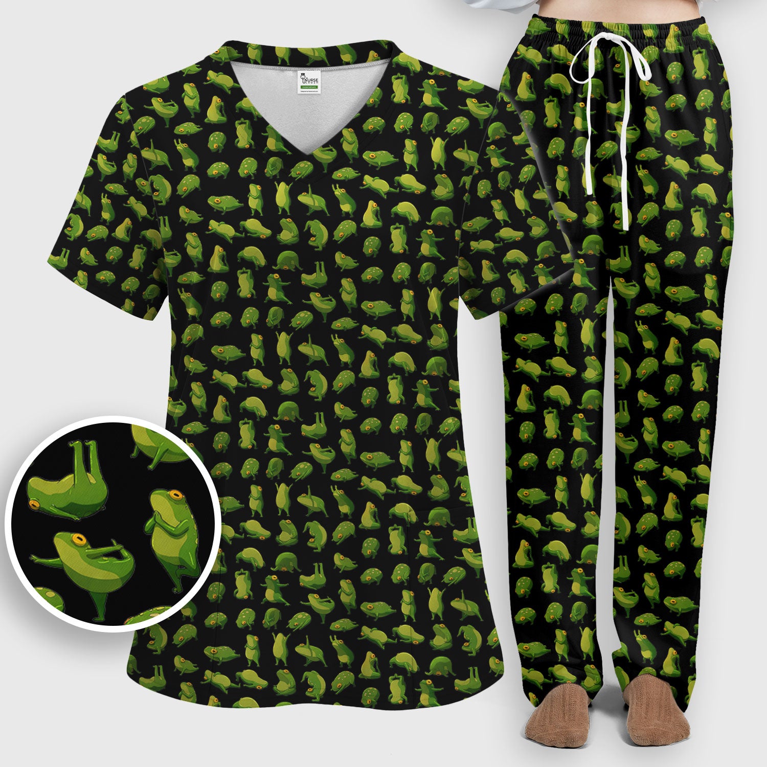 Cute Frog Cartoon Pattern Scrub Set, Breathable Med Uniform