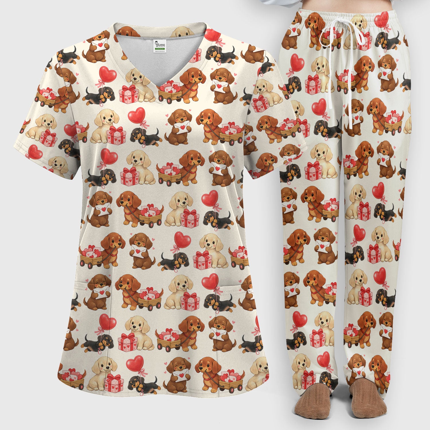 Cute Dachshund Nurse Scrub Set For Nurses, Wiener Dog Pattern Nurse Shirt, Breathable Fabrics Nursing Uniform