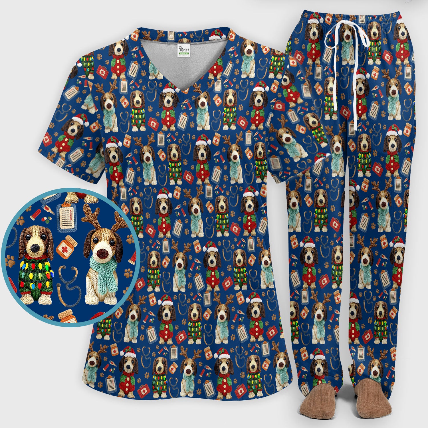 Christmas Wiener Dog Scrubs Set for Women - Cute Dachshund Christmas Scrub Pants and V Neck Top - Puppy Lover Medical Uniform Gift