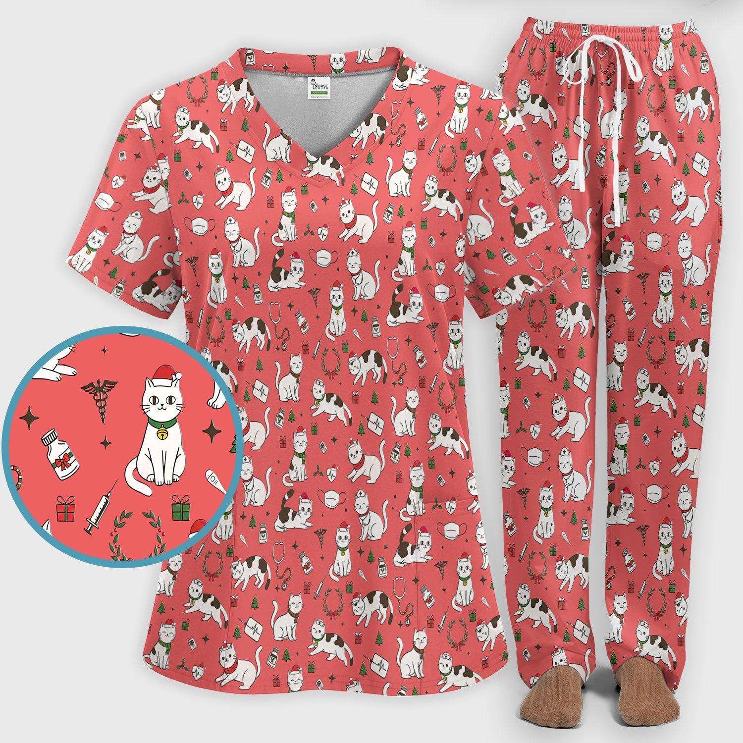 Christmas Cat Scrub Set – Festive Nurse & Holiday Kitty Pattern – Cute Medical Uniform for Nurses, Vets and Healthcare Workers