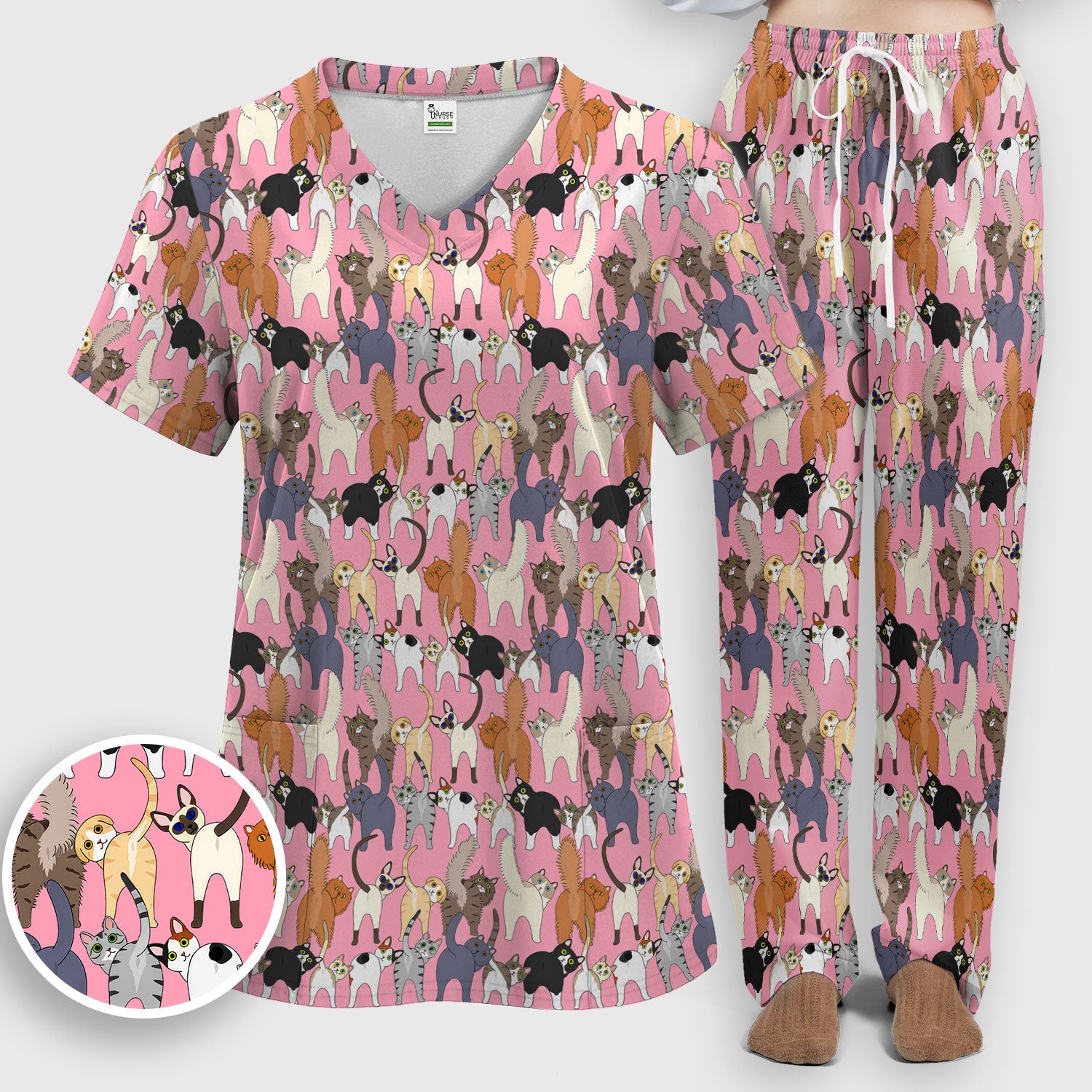 Whimsical Multicolor Cat Cartoon Pattern Scrub Set, Breathable Med Uniform