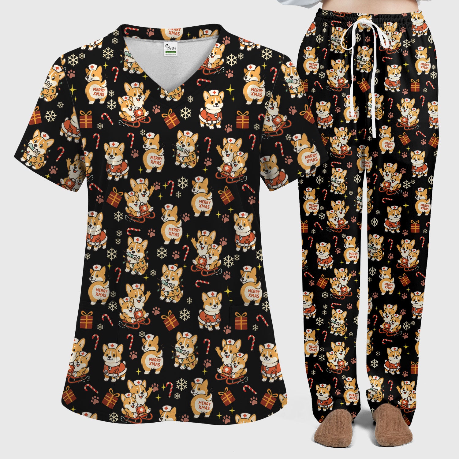 Christmas Corgi Scrubs Set for Women - Fun Corgi Christmas Pattern Nurse Scrubs Top and Pants - Festive Holiday Scrubs for CNA LPN RN