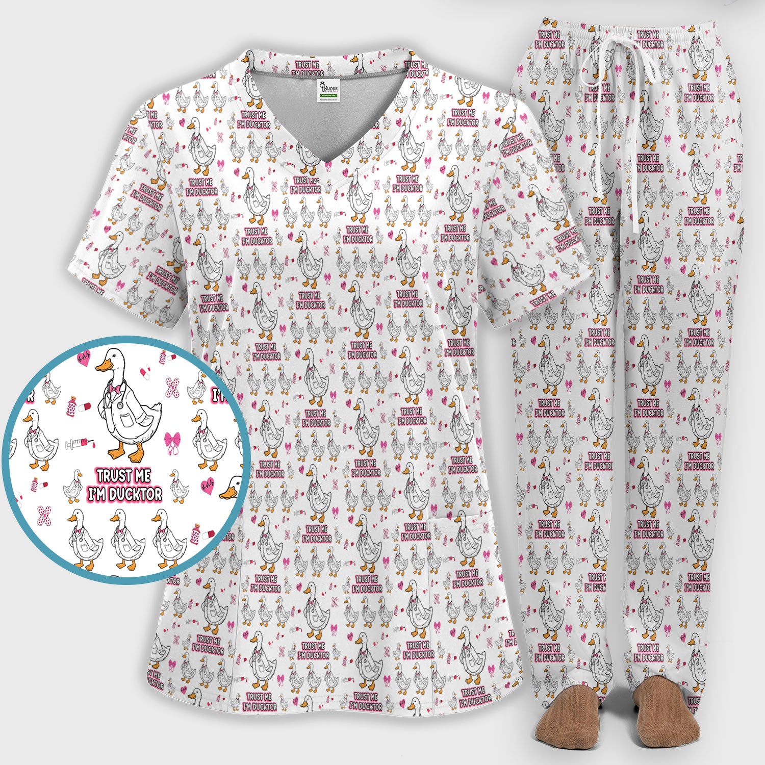 Trust Me I'm Ducktor Scrub Set, Funny Duck Pattern Scrub Shirt, Breathable Fabrics Nursing Uniform For Women