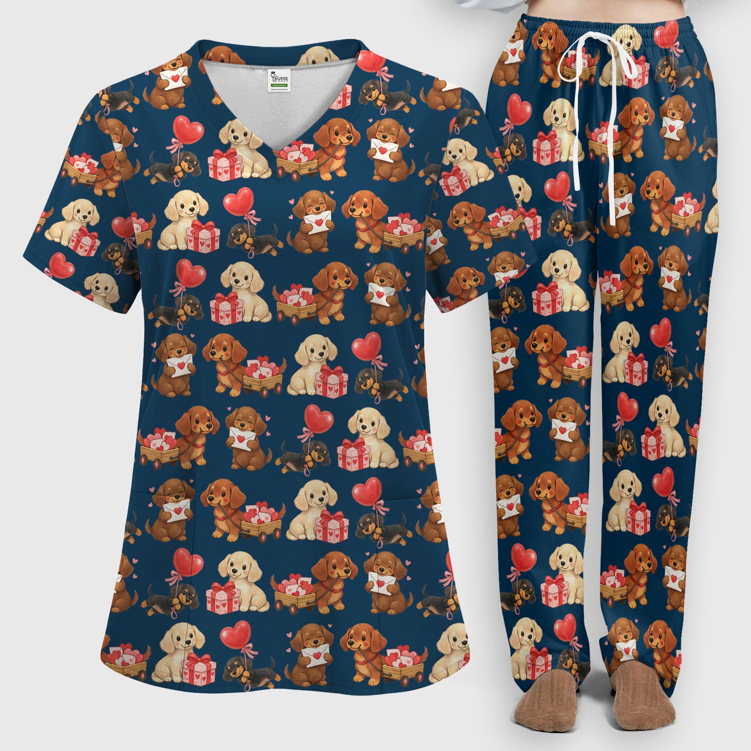 Cute Dachshund Nurse Scrub Set For Nurses, Wiener Dog Pattern Nurse Shirt, Breathable Fabrics Nursing Uniform