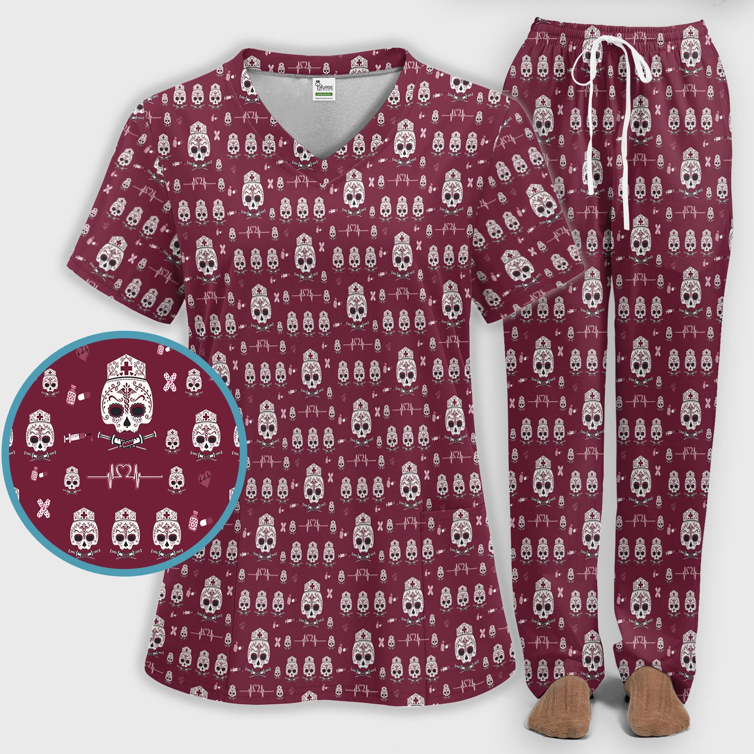 Sugar Skull Scrub Set, Skull Pattern Scrub Shirt, Breathable Fabrics Nursing Uniform