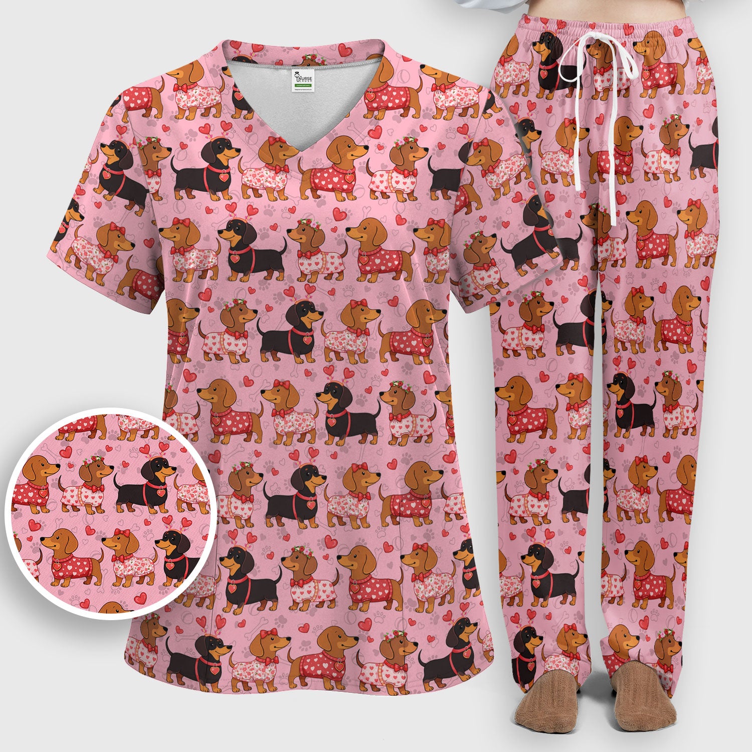 Valentine Dachshund Scrub Top, Wiener Dog Love Pattern Nurse Shirt, Breathable Fabrics Nursing Uniform