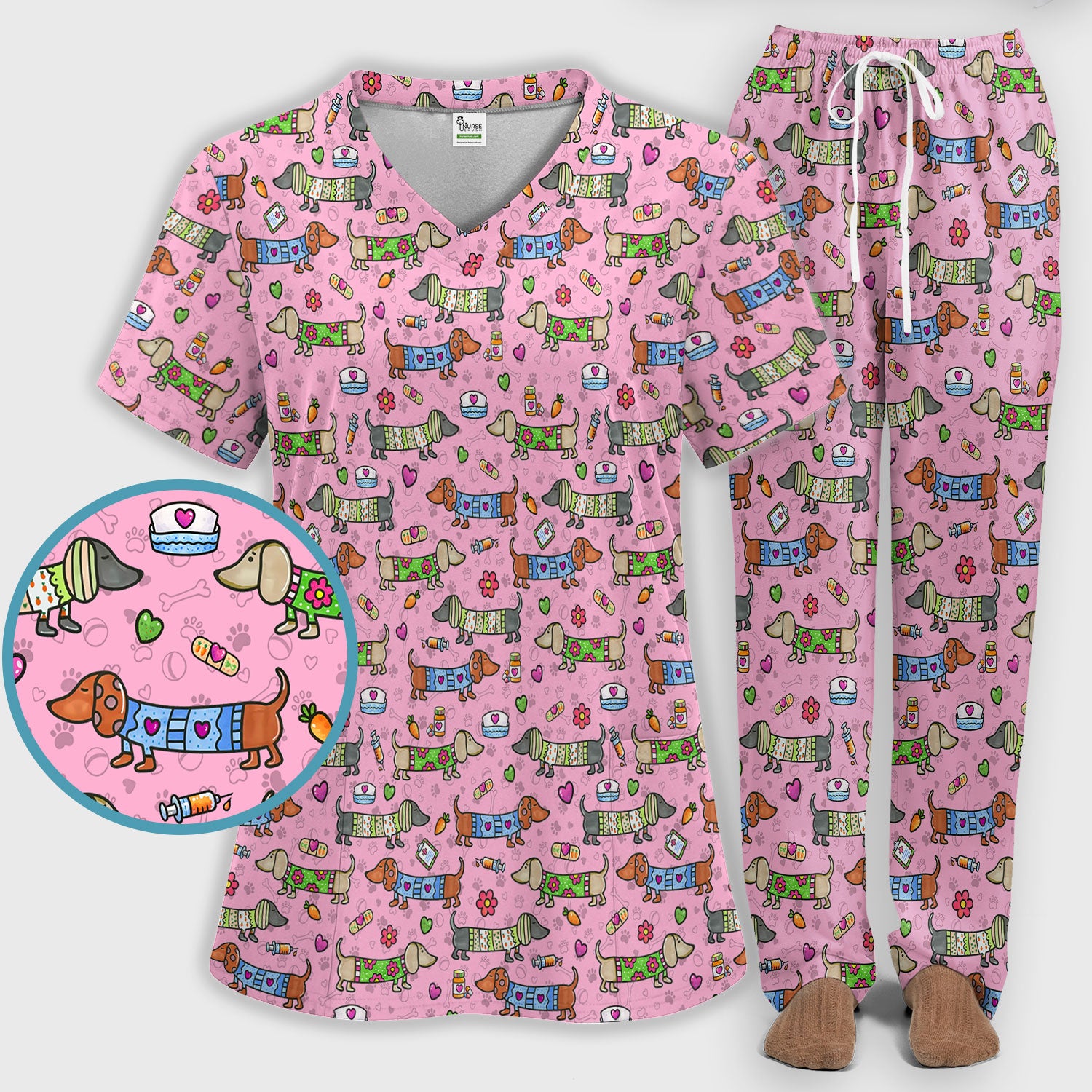Cute Dachshund Nurse Scrub Set, Funny Wiener Dog Nursing Shirt, Breathable Fabrics Nursing Uniform