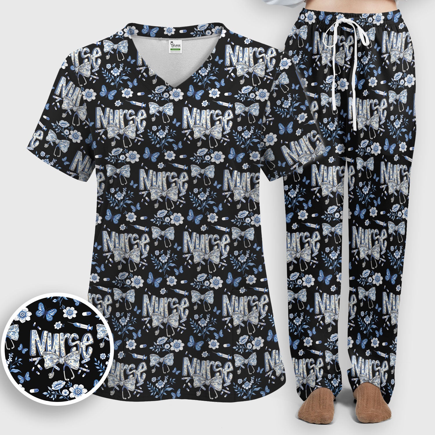 Blue Nurse Bow Butterfly Floral Pattern Scrub Set,  Breathable Med Uniform