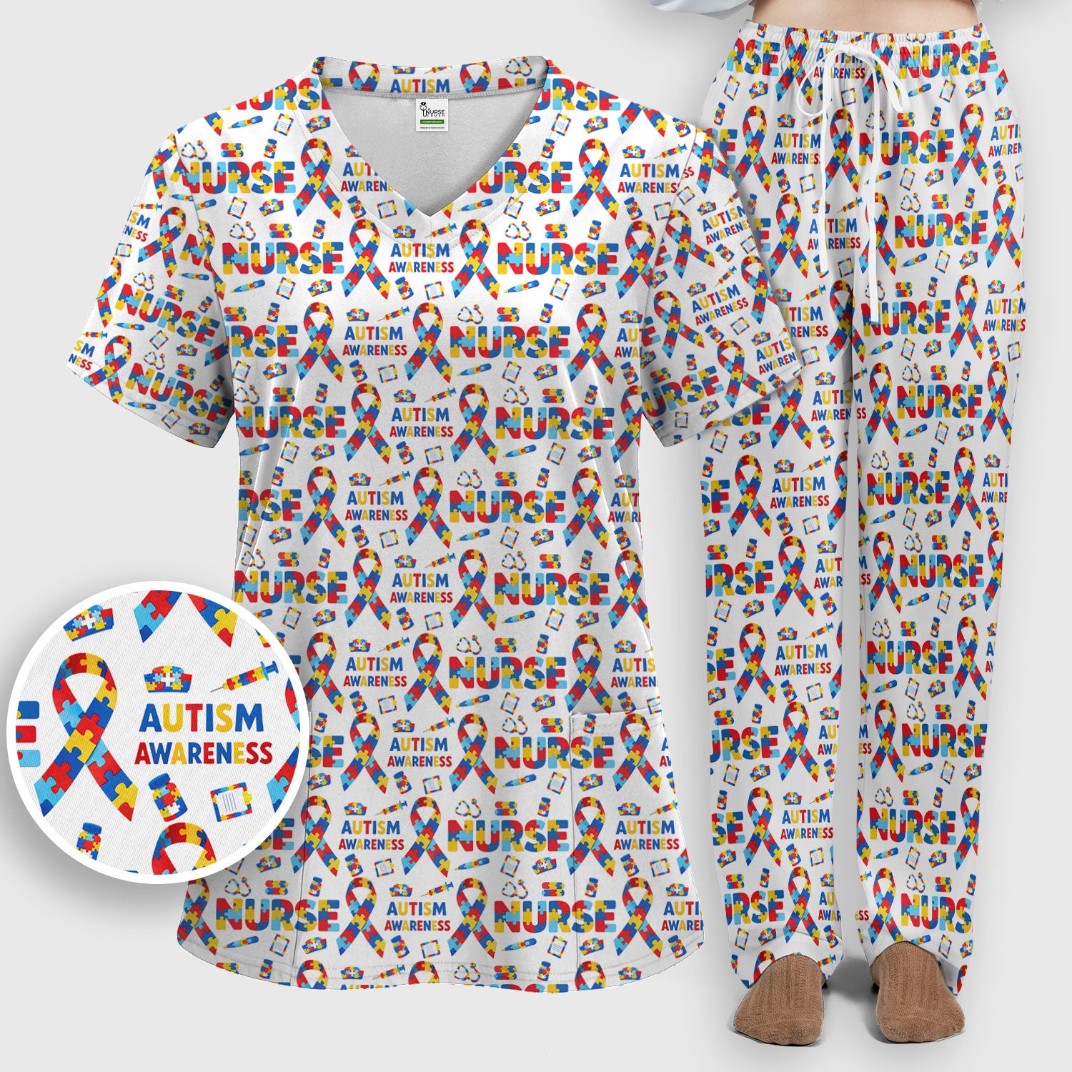 Autism Awareness Nurse Puzzle Ribbon Print Sets,  Breathable Med Uniform