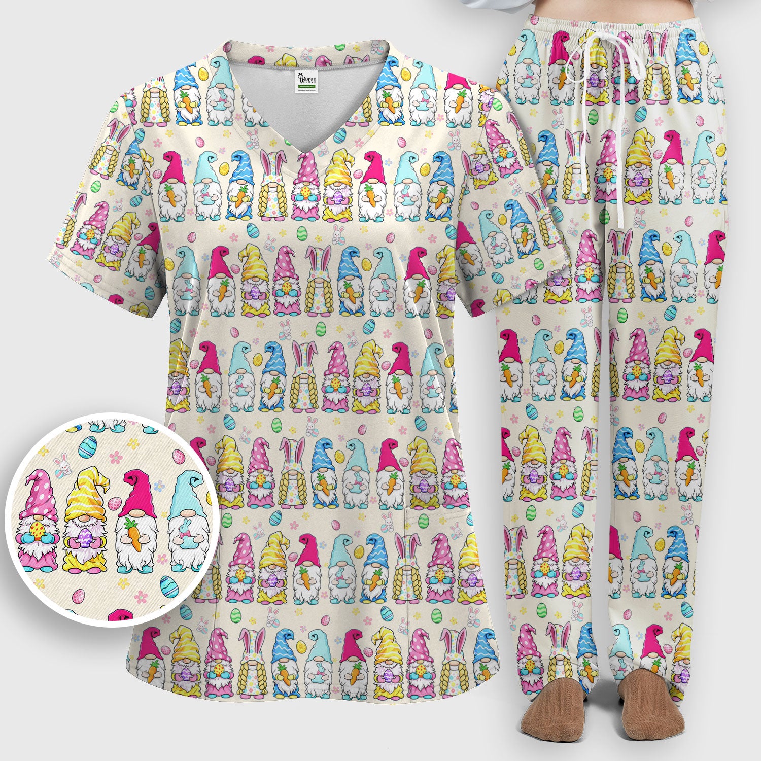Colorful Easter Gnome Bunny Eggs Pattern Scrub Set, Women's Scrub Sets