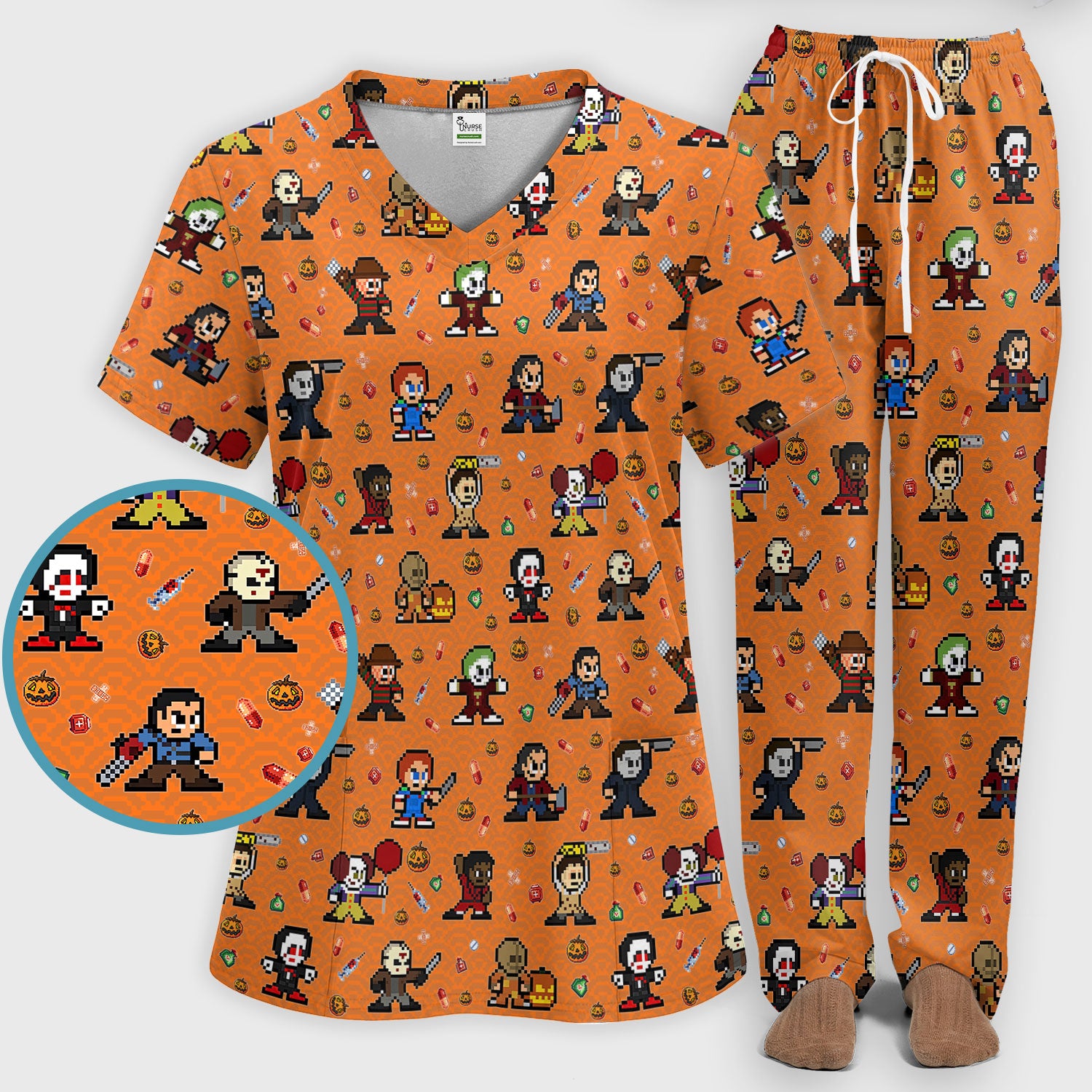 Halloween Women's Scrub Sets - Comfortable Scrubs for Nurses - Horror Movie Scrub Pants and V Neck Top - Breathable Med Uniform