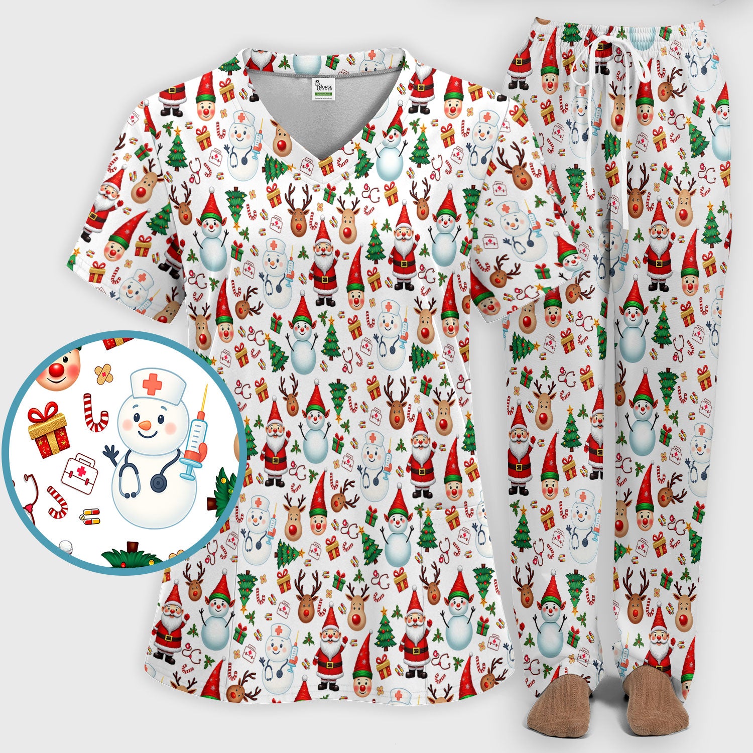 Christmas Scrub Set for Nurses - Cute Snowman Reindeer Santa Pattern - Holiday Medical Uniform RN CNA LPN Gift