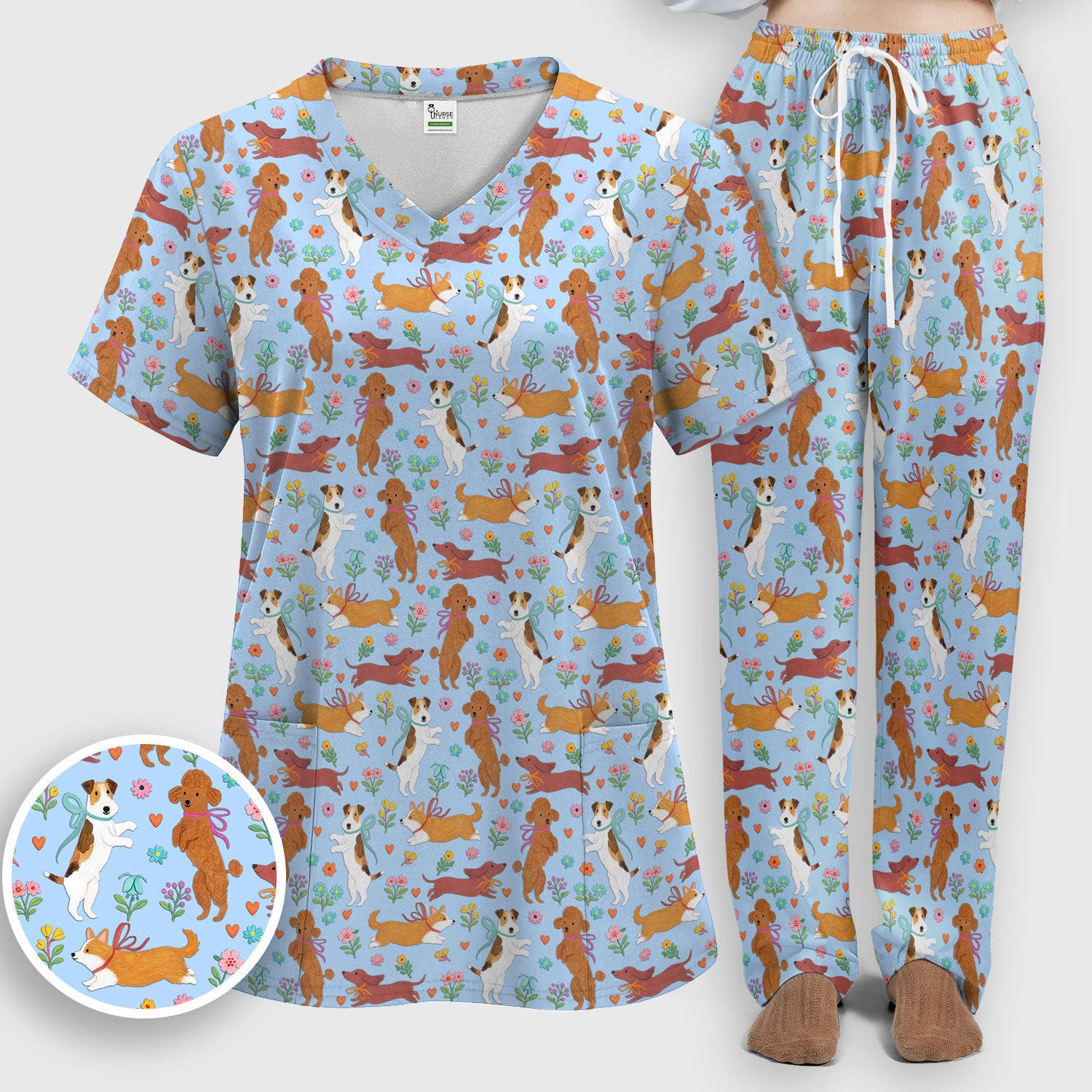 Cute Cartoon Dog Print Women's Scrub Set, Scrub Pants and V Neck Top