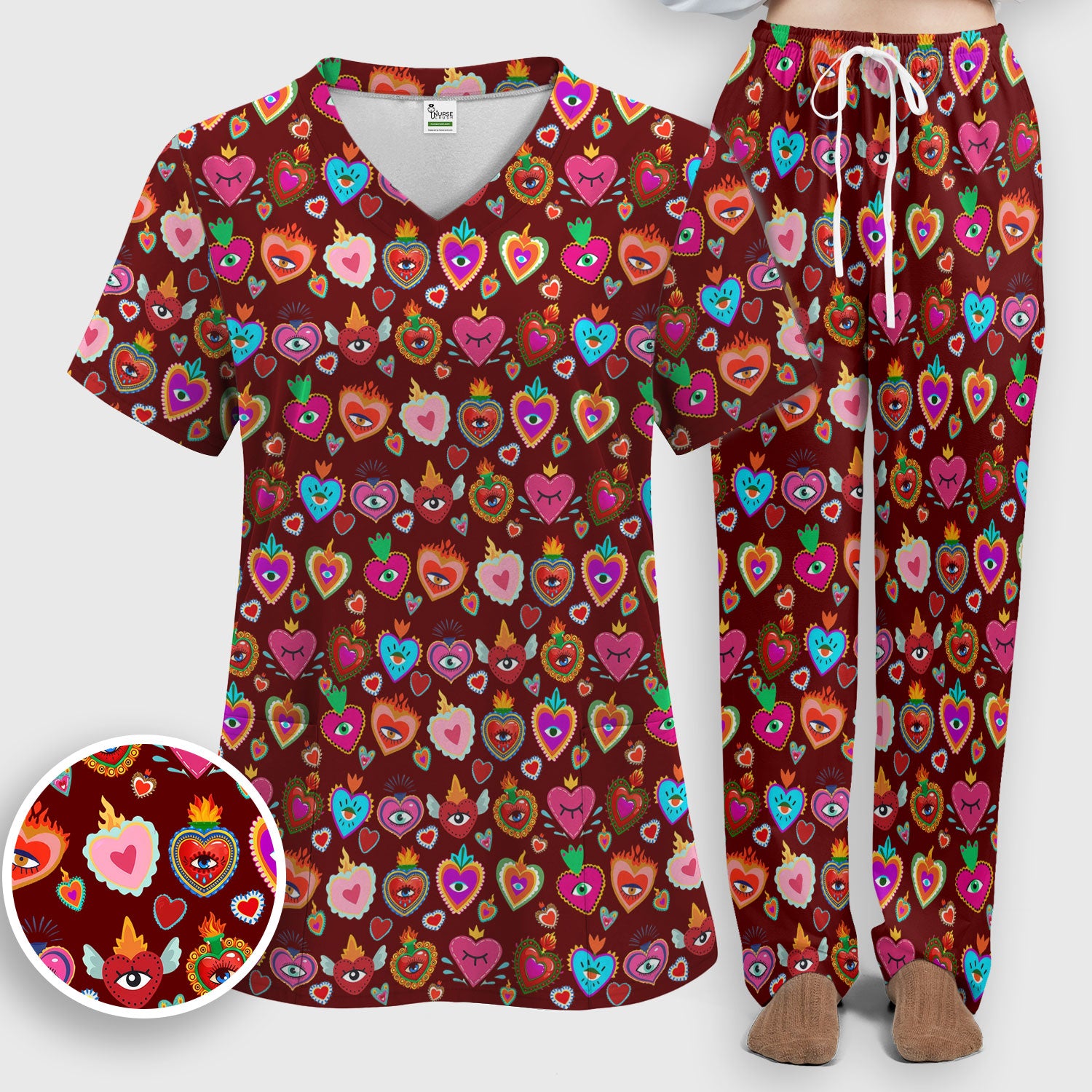 Valentine Colorful Sacred Heart Print Women's Scrub Set, Scrub Pants and V Neck Top