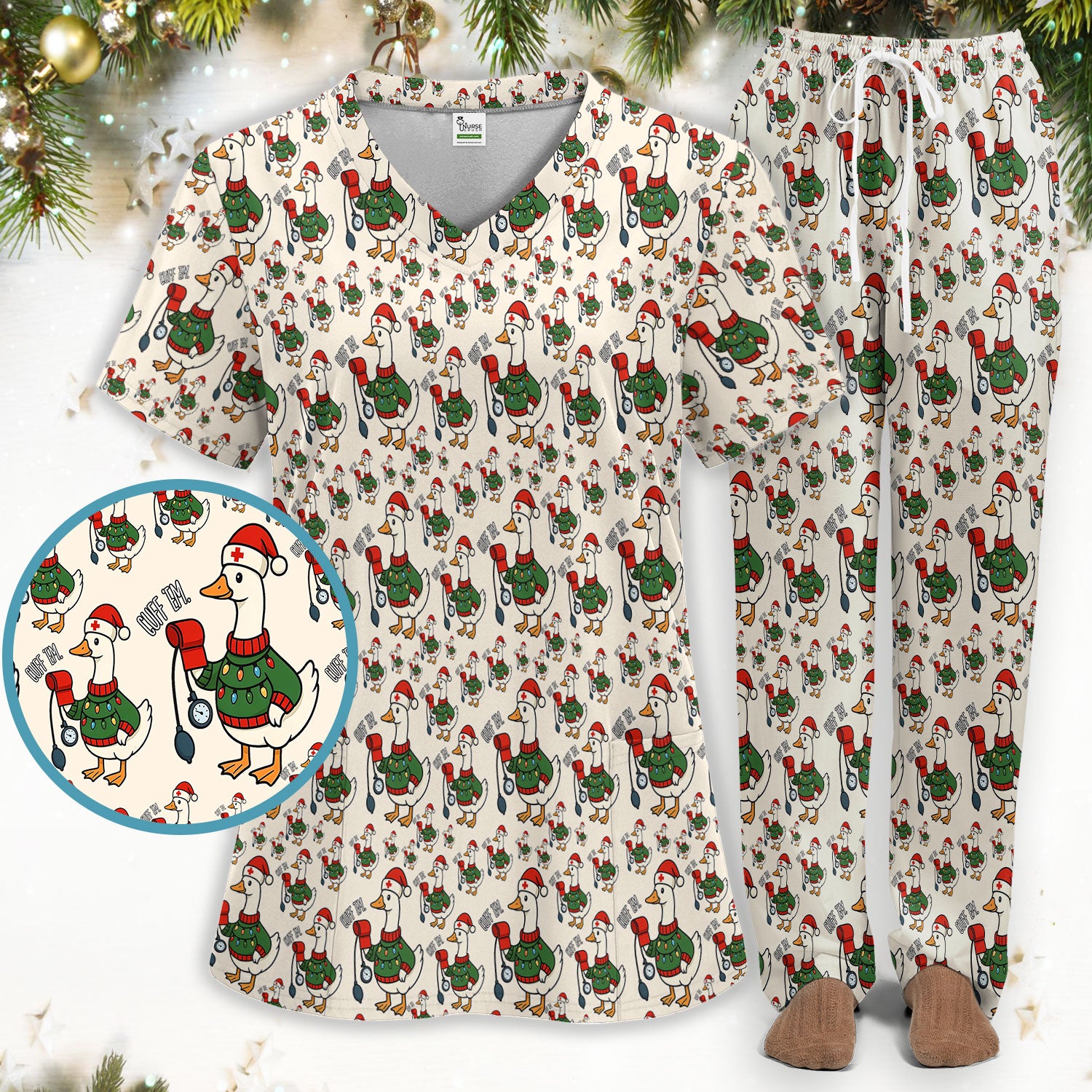 Nurse Christmas Duck Scrub Set, Cute Goose Pattern Scrub Uniform, RN LPN CNA Nursing Uniform