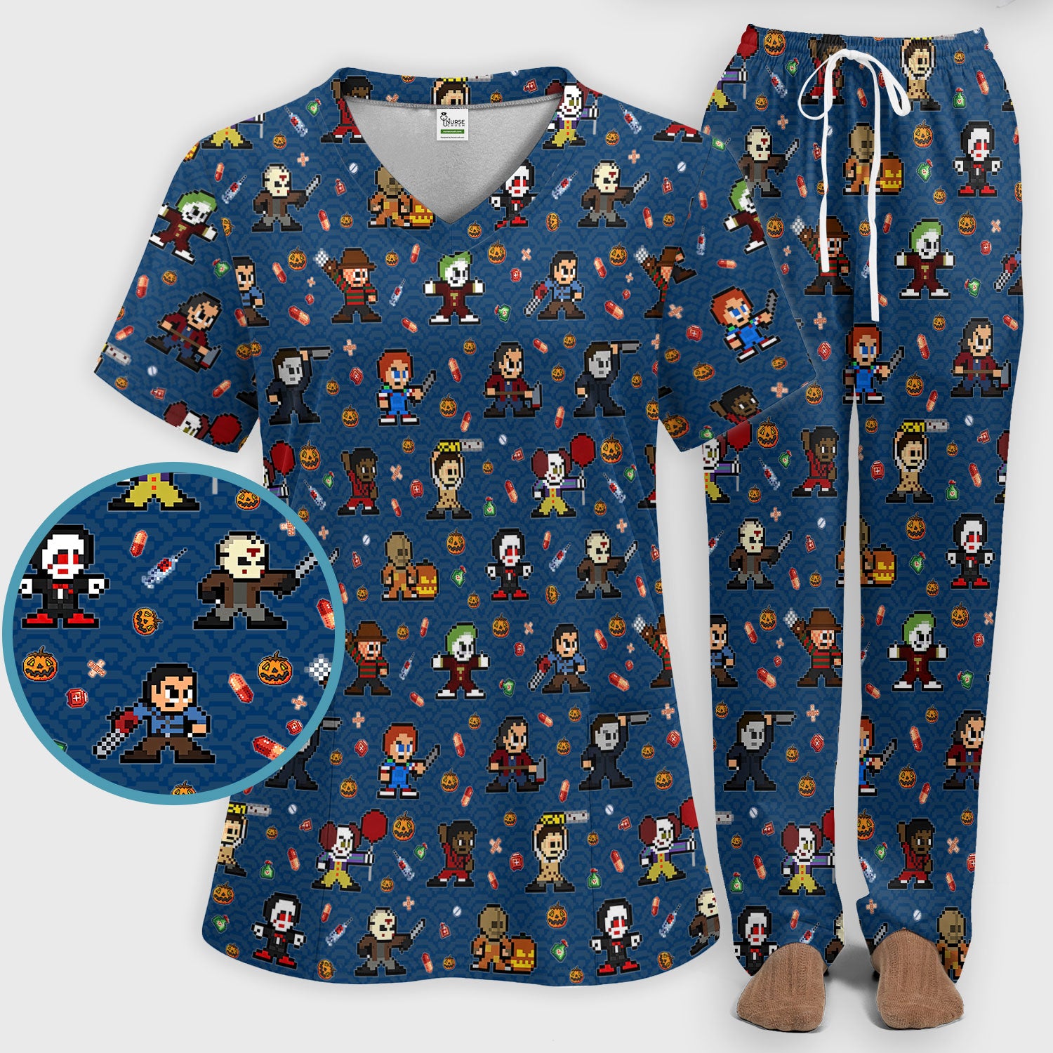 Halloween Women's Scrub Sets - Comfortable Scrubs for Nurses - Scary Character Scrub Pants and V Neck Top - Med Uniform for Her