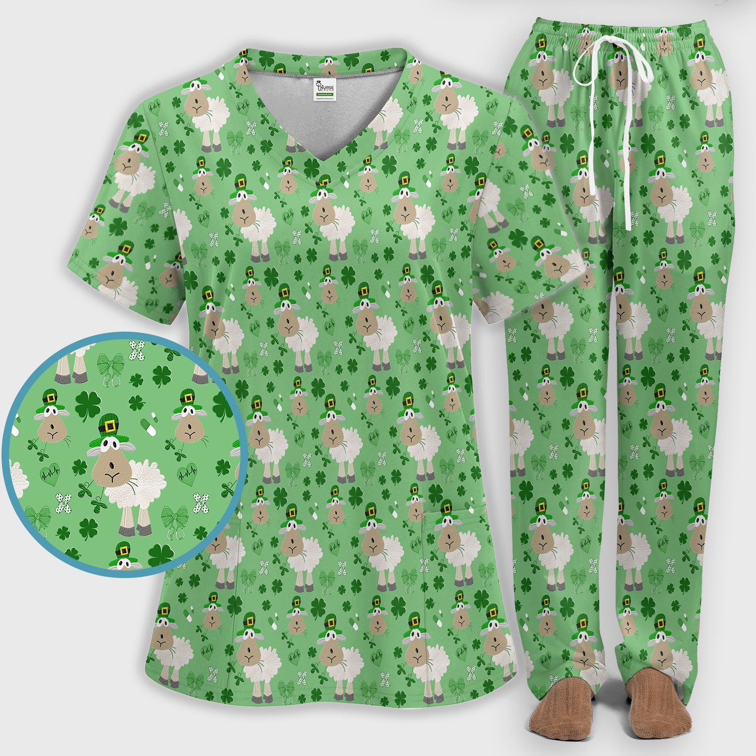 Nurse St. Patrick Scrubs Set, Cute Sheep Shamrock Pattern Nurse Shirt, Breathable Fabrics Nursing Uniform