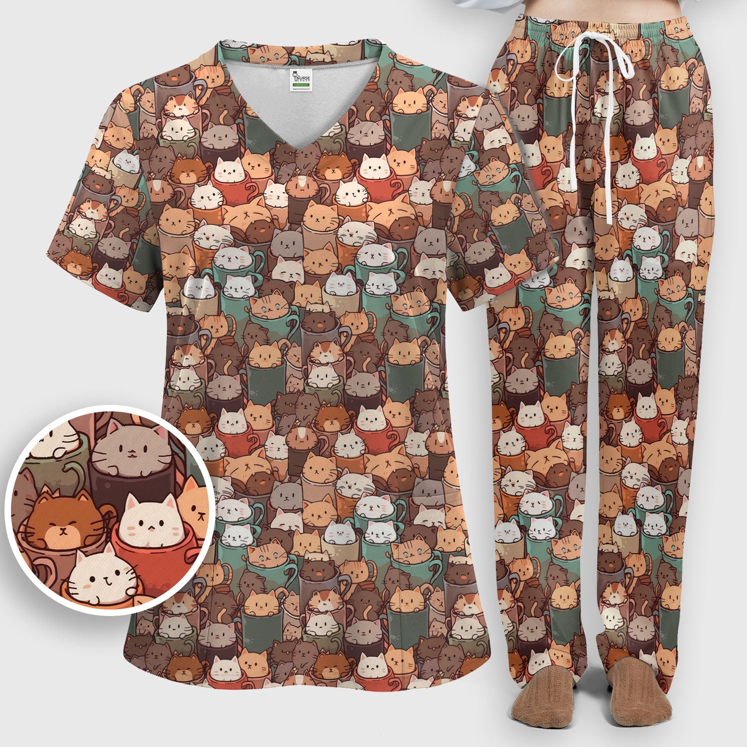 Cute Coffee Cat Scrub Set, Cozy Kittens in Mug Pattern Nurse Shirt, Breathable Fabrics Nursing Uniform