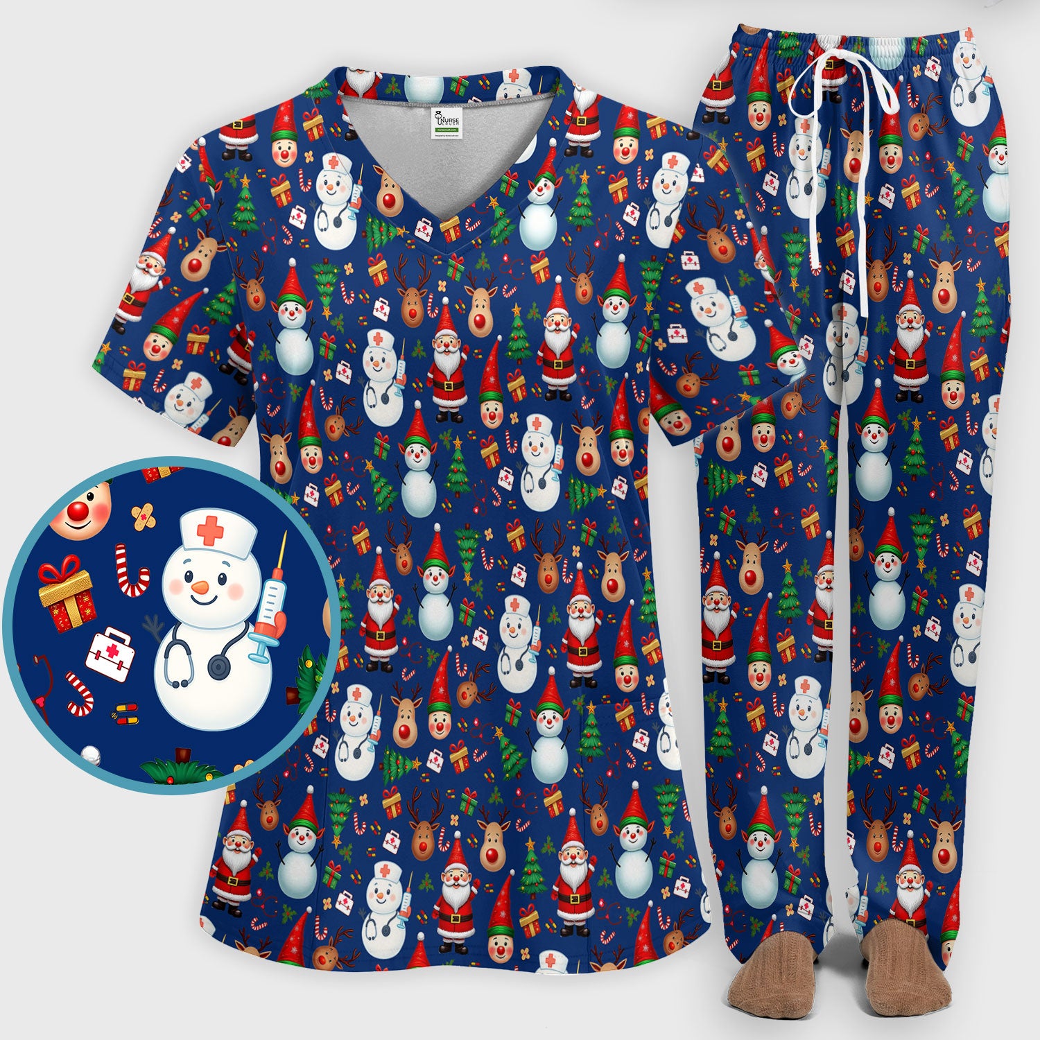Christmas Nurse Scrub Set - Cute Snowman Santa Reindeer Pattern Medical Uniform - Festive Holiday Scrubs Pants and V Neck Top