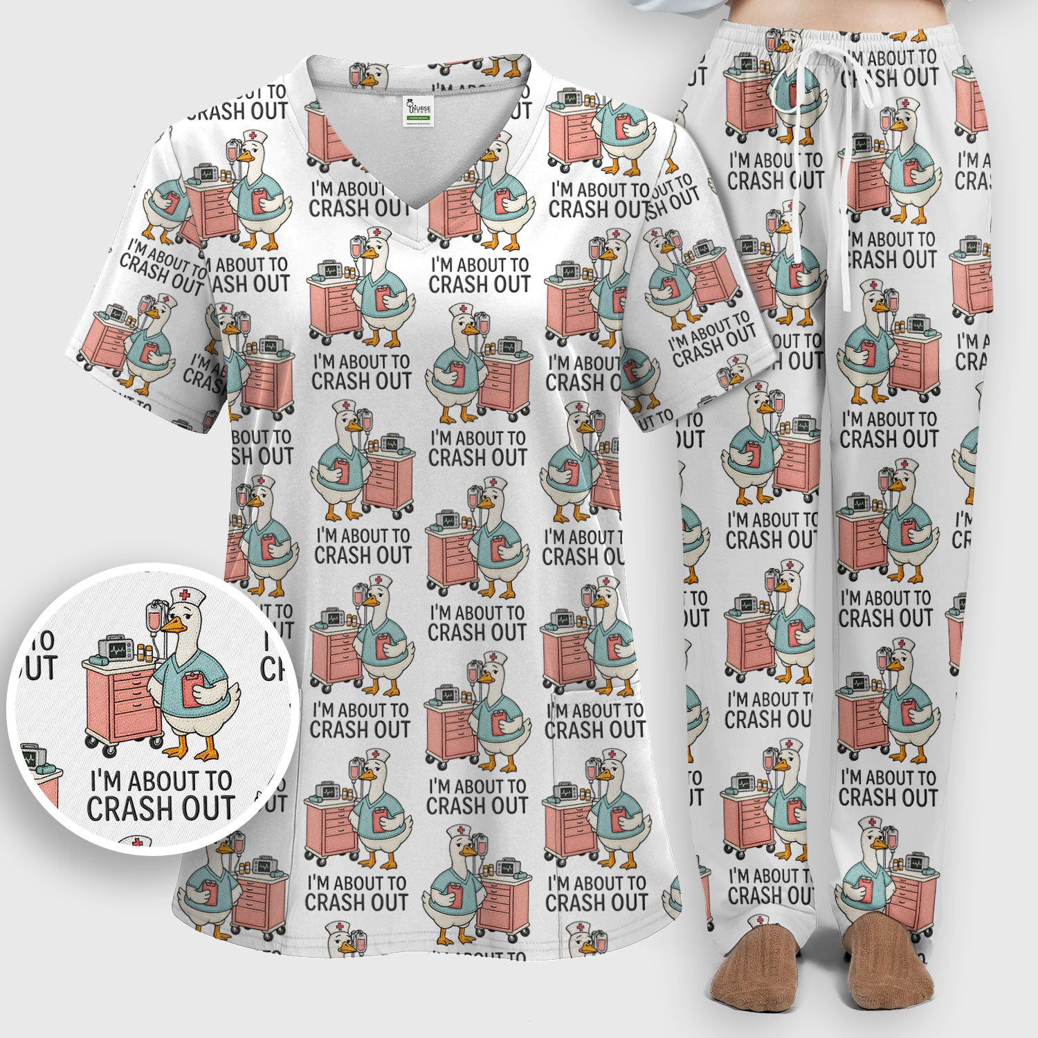 Funny Nurse Goose Crash Out Pattern Scrub Set, Nurse Uniform Scrubs Set