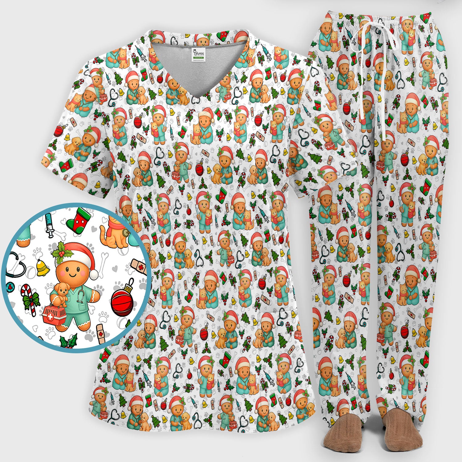 Cute Pharmacy Christmas Scrub Set – Funny Gingerbread Nurse Print Shirt – Festive Holiday Medical Uniform for Pharmacy Tech and Doctor