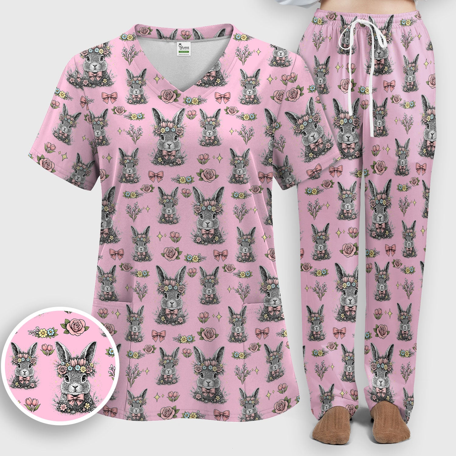 Vintage Floral Bunny Print Scrub Set, Scrub Pants and V Neck Top