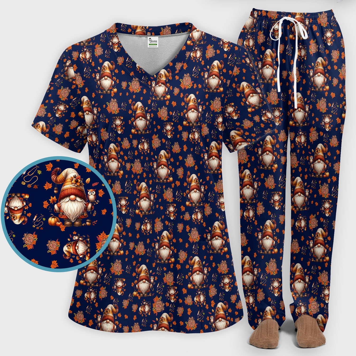 Autumn Leaves Pumpkin Scrubs Set for Women - Gnome Scrubs for Nurse Mama - Breathable Fabrics Nursing Uniform