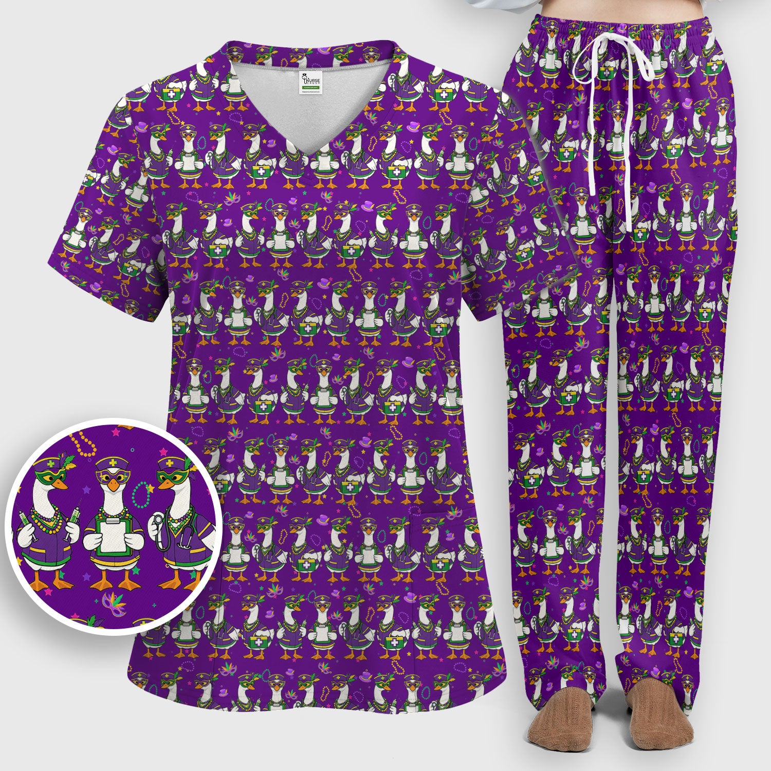 Mardi Gras Nurse Goose Scrub Set, Purple Carnival Parade Medical Pattern Nurse Shirt, Breathable Fabrics Nursing Uniform