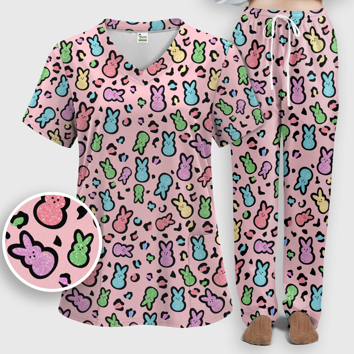 Cute Easter Bunny Pastel Pattern Scrub Set, Scrub Pants and V Neck Top