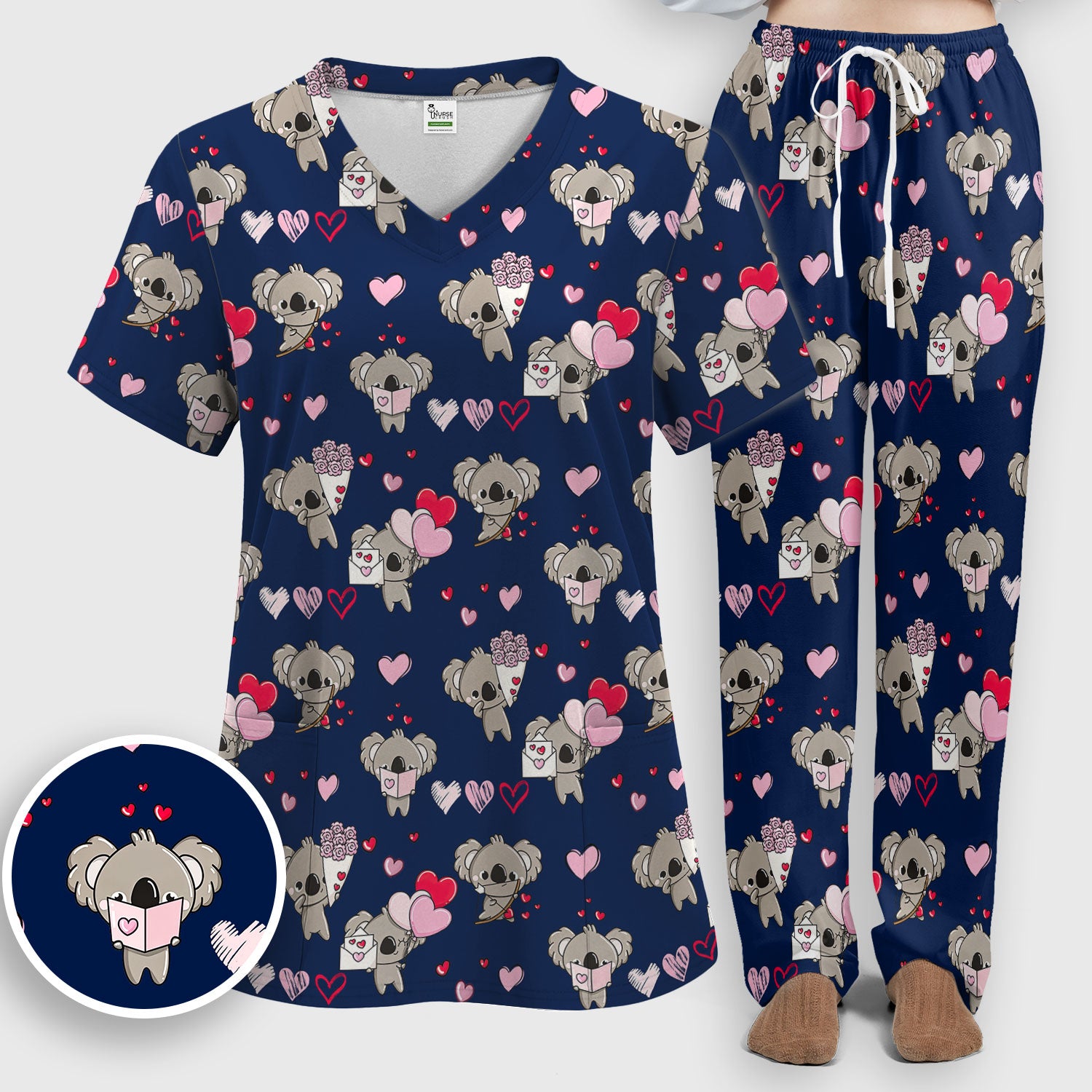 Valentine Koala Holding Flowers Cute Print Scrub, Women's Scrub Sets