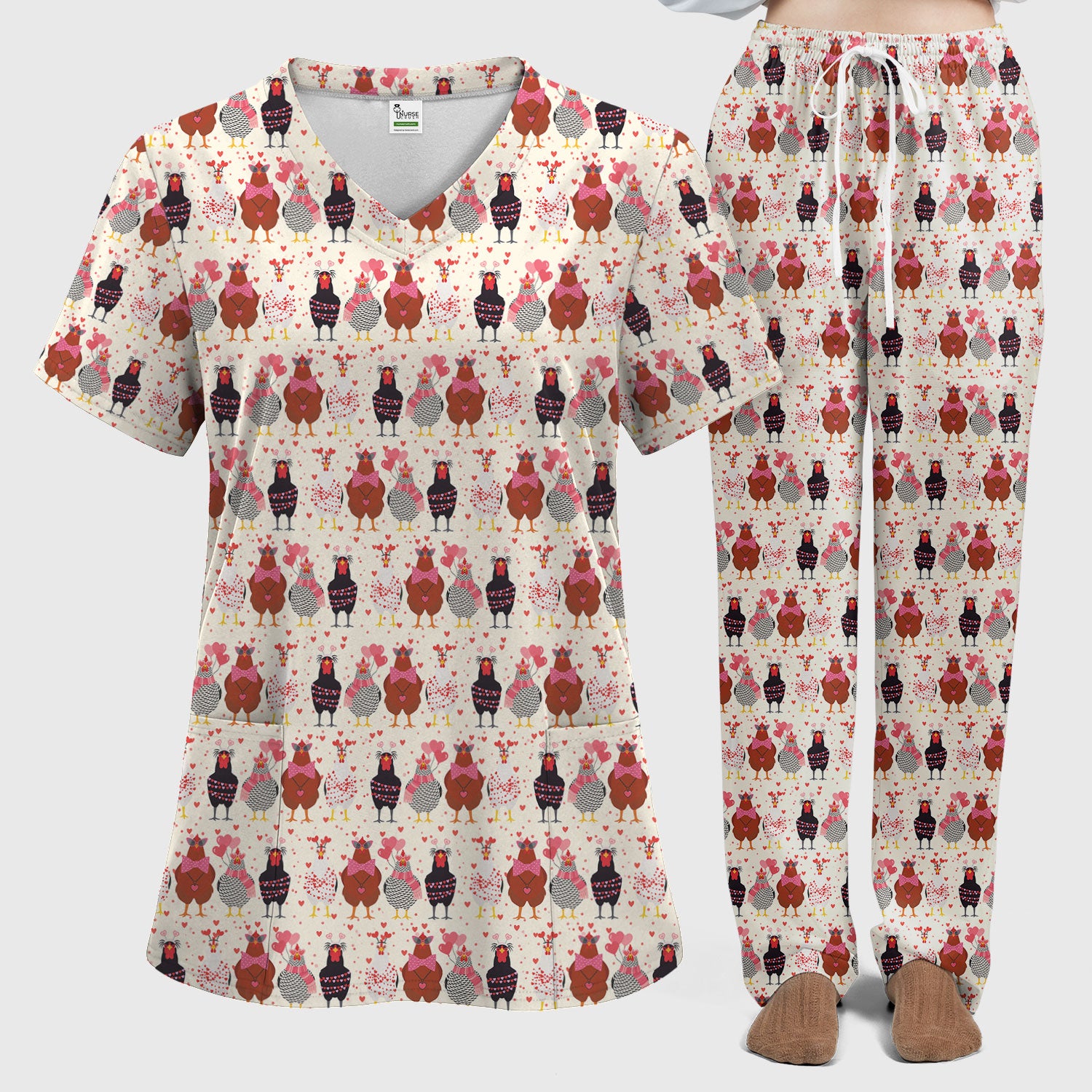 Funny Chicken Valentine Scrub Set, Chicken Pattern Scrub Shirt For Nursing, Valentine Gift For Nurse
