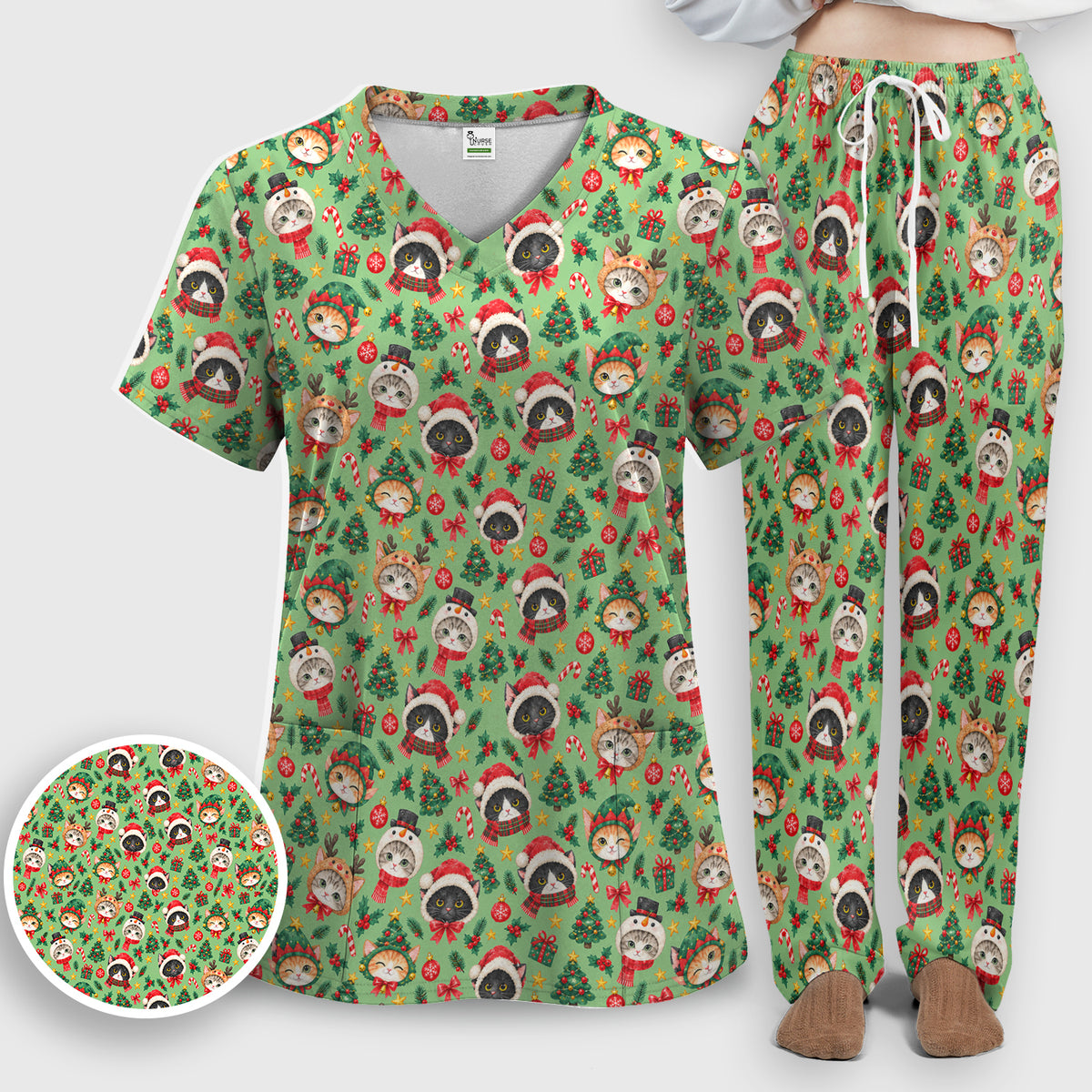 Christmas Cats And Trees Pattern Scrub Set, Scrub Pants and V Neck Top
