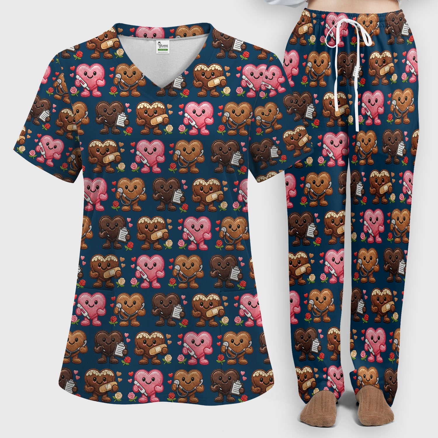 Valentine Heart Nurse Scrub Set, Cute Medical Love Pattern Shirt, Breathable Fabrics Nursing Uniform