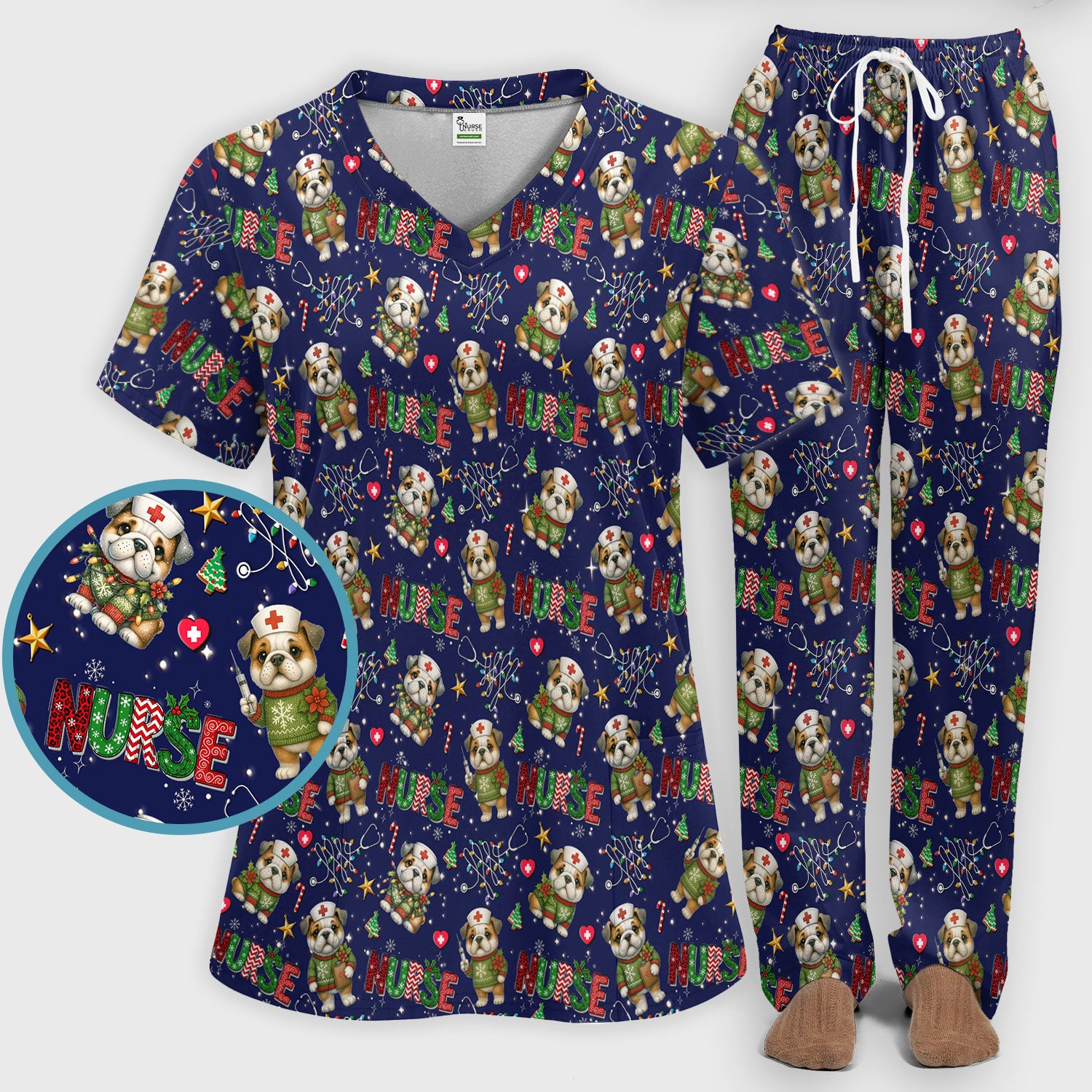 Bulldog Christmas Nurse Scrub Set - Funny Dog Scrubs Pants and V Neck Top - Cute Holiday Medical Uniform