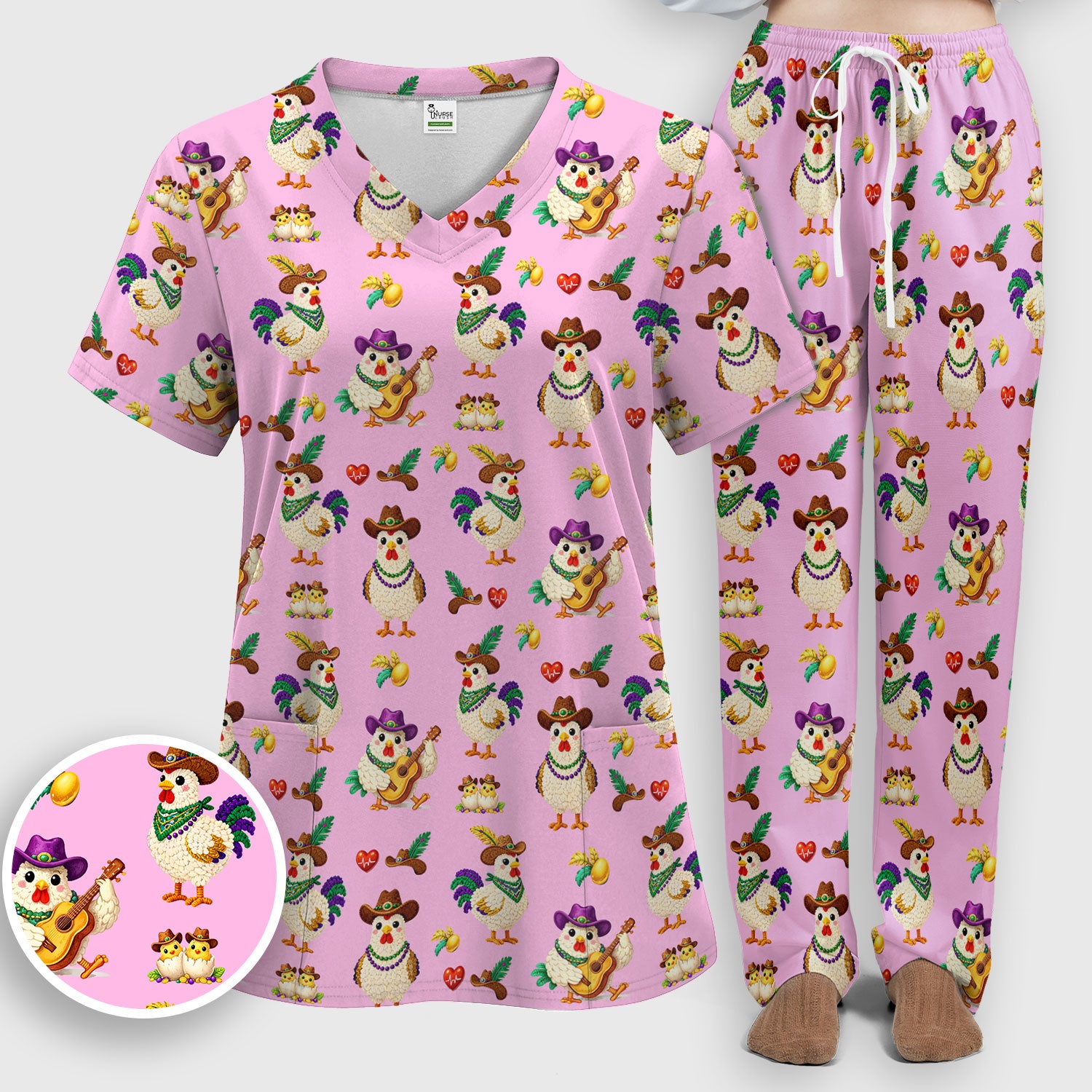 Funny Mardi Gras Rooster Cowboy Print Set, Women's Scrub Sets