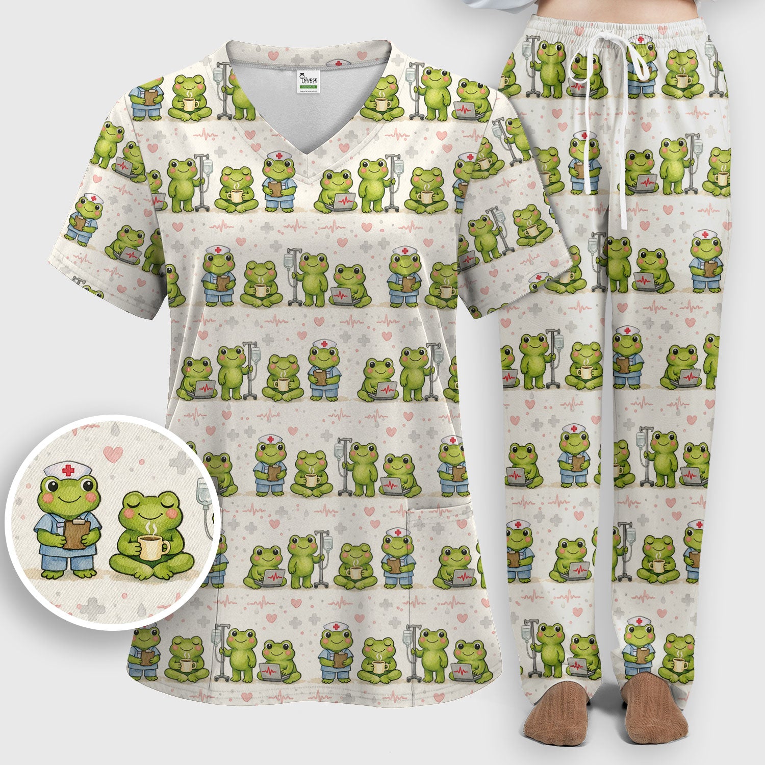 Adorable Frog Nurse Various Poses Print Scrub Set, Breathable Med Uniform