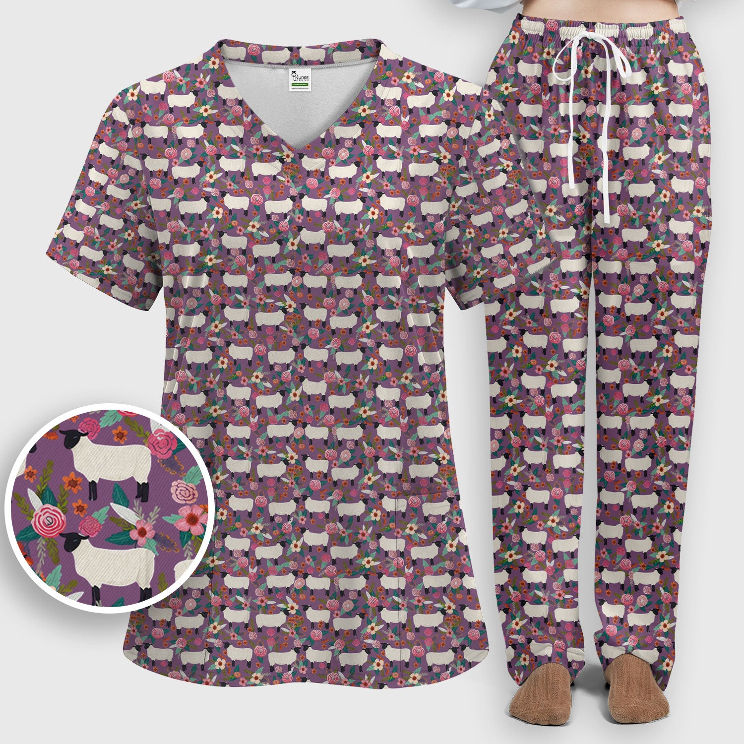 Cute Sheep Floral Meadow Pattern Scrub Set, Nurse Uniform Scrubs Set