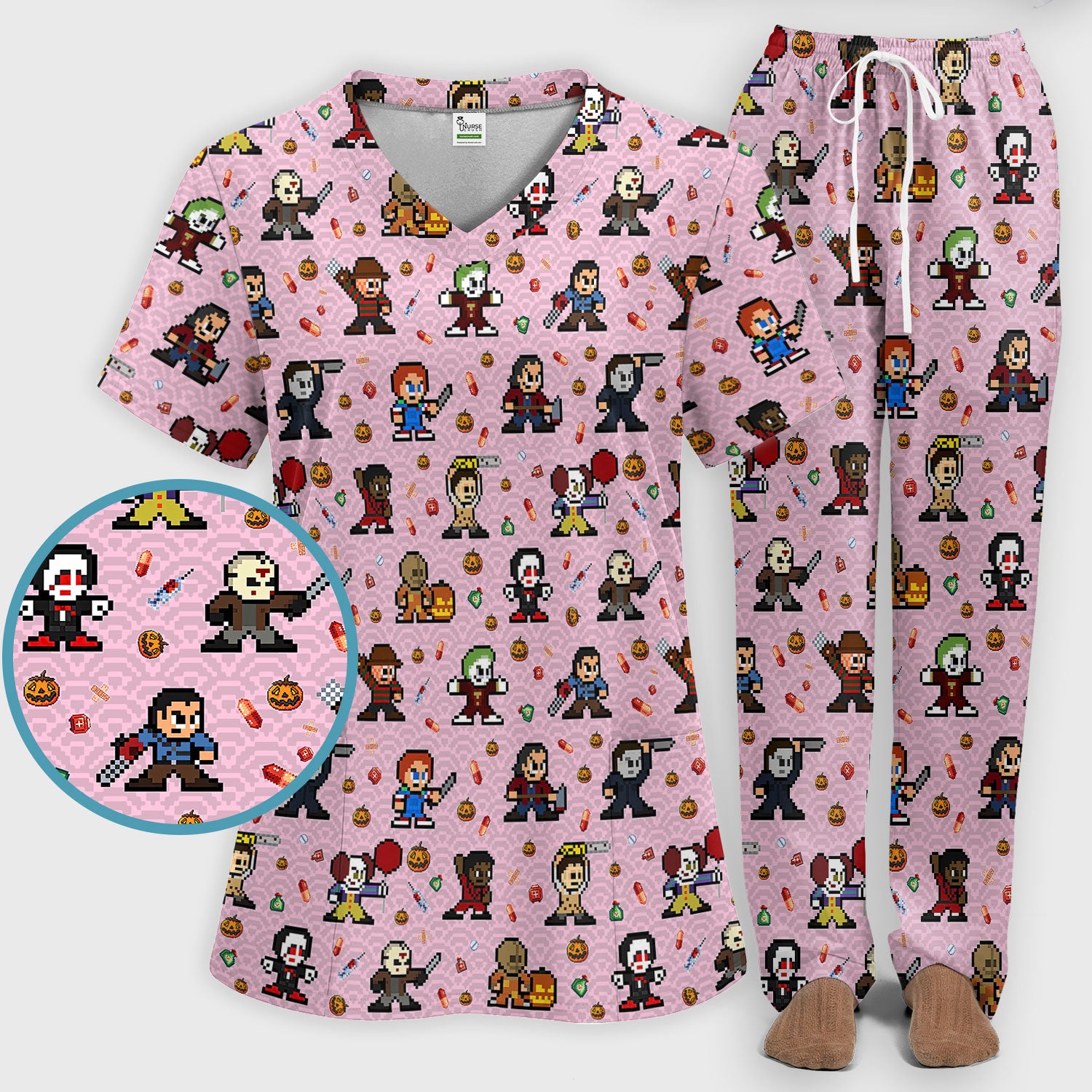 Halloween Women's Scrub Sets - Comfortable Scrubs for Nurses - Scary Character Scrub Pants and V Neck Top - Med Uniform for Her
