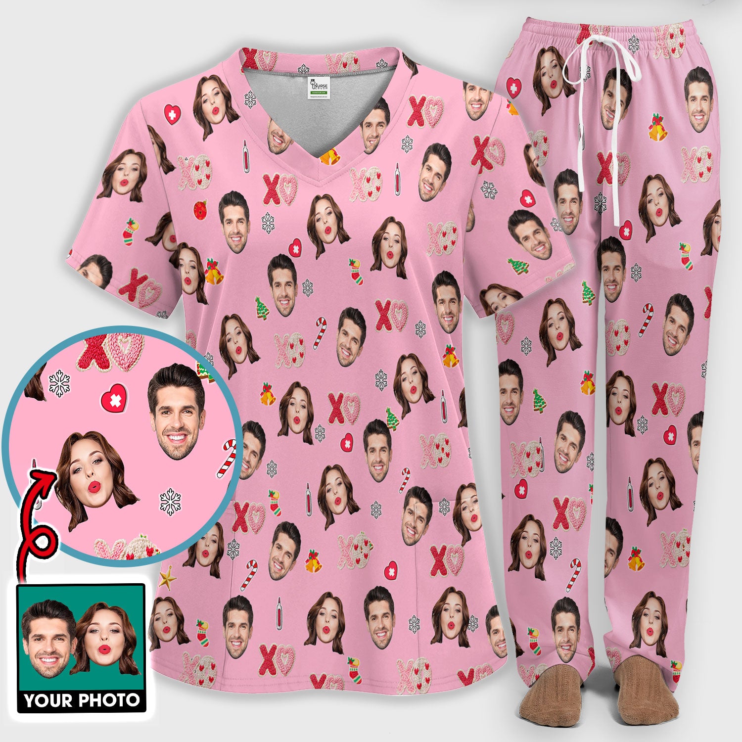 Personalized Photo Scrub Set, Custom Face XOXO Scrub Shirt, Breathable Fabrics Nursing Uniform