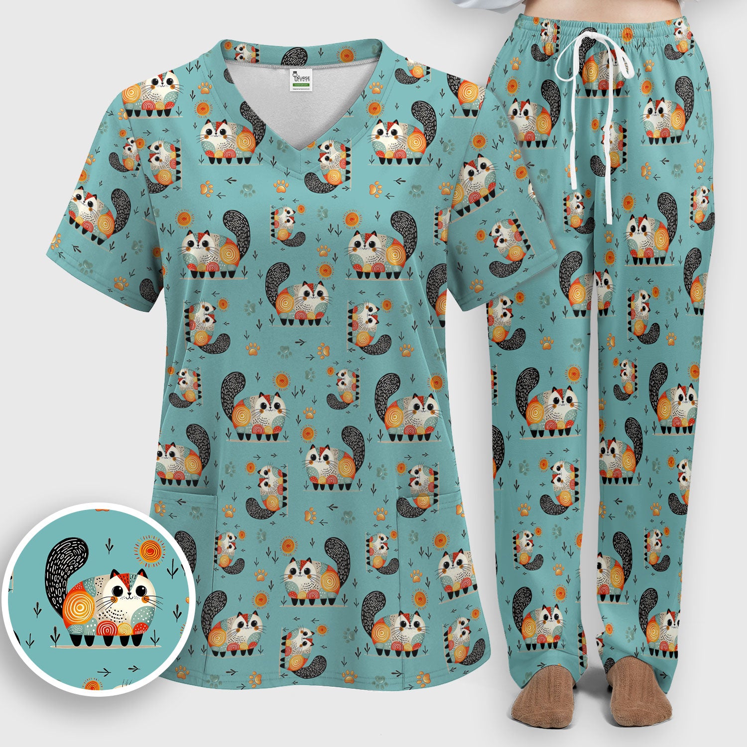 Playful Cat Illustration Women's Scrub Set, Breathable Med Uniform