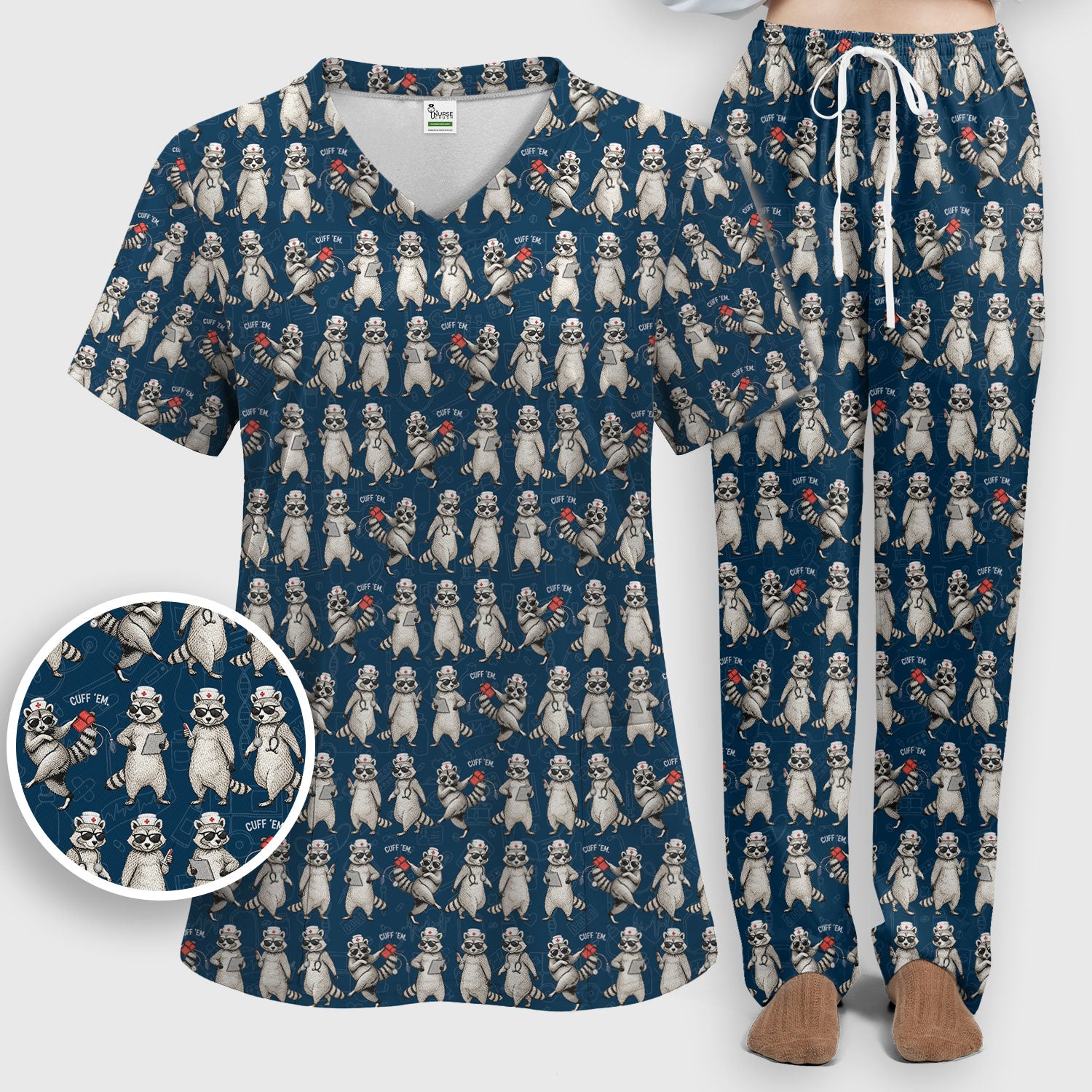 Funny Raccoon Nurse Pattern Scrub Set, Scrub Pants and V Neck Top