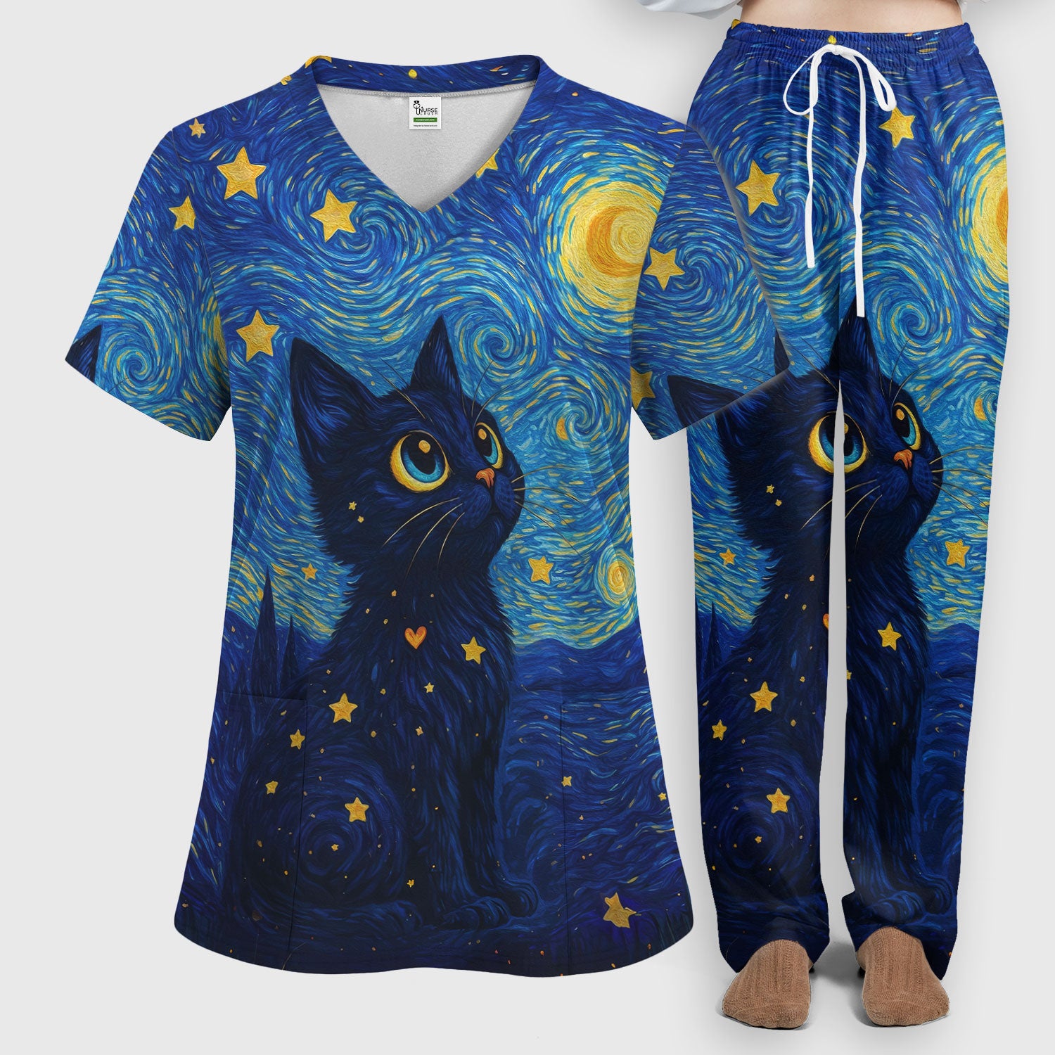 Black Cat Starry Night Pattern Scrub Set, Breathable Med Uniform