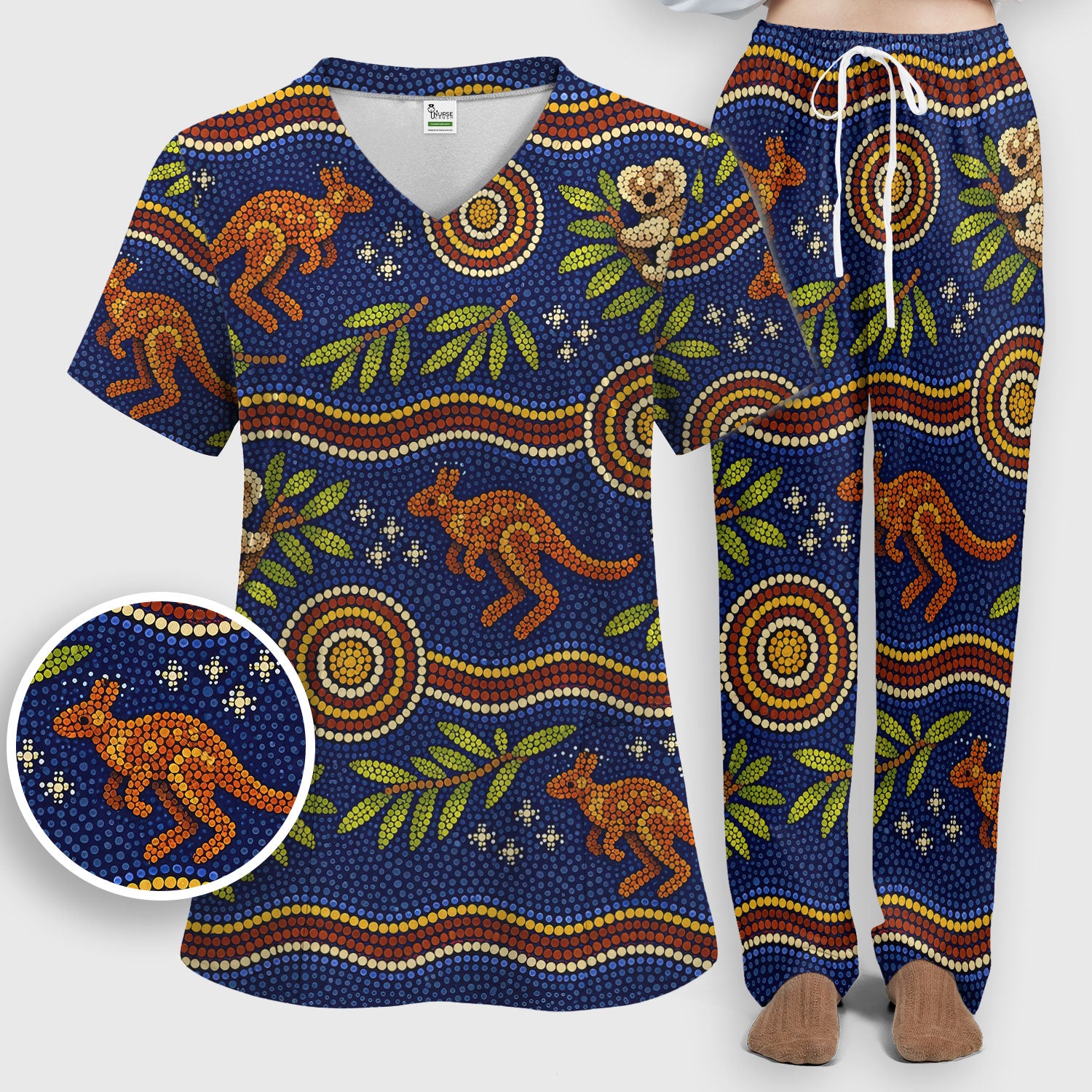Australian Aboriginal Dot Art Scrub Set, Kangaroo ANd Koala Pattern Nurse Shirt, Breathable Fabrics Nursing Uniform